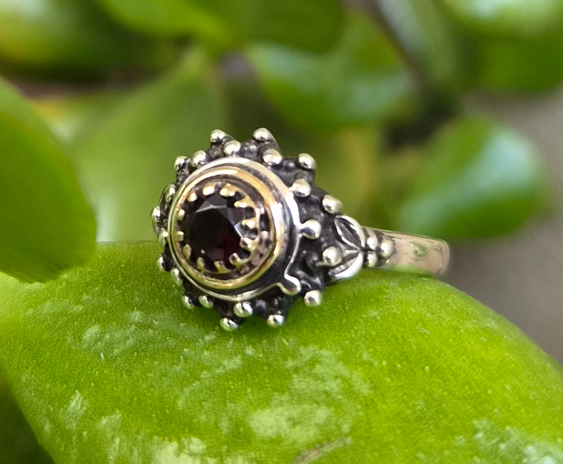 Two tone Garnet ring,9k and sterling silver, handmade mixed metal, goddess,boho,solitare,ball ring