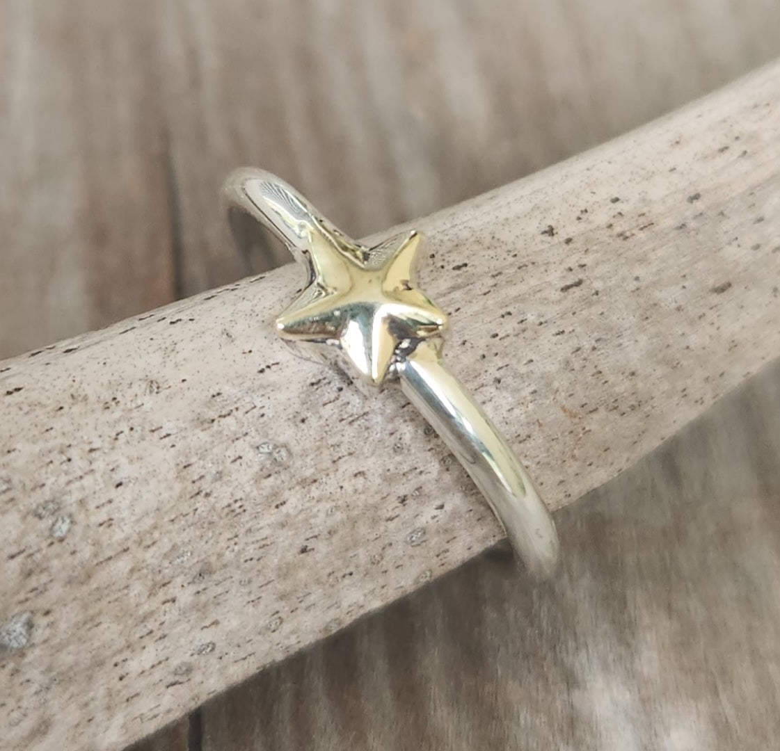 Two tone star stacking ring,9k gold caltex star  and sterling silver,mixed metal band,2mm band ,