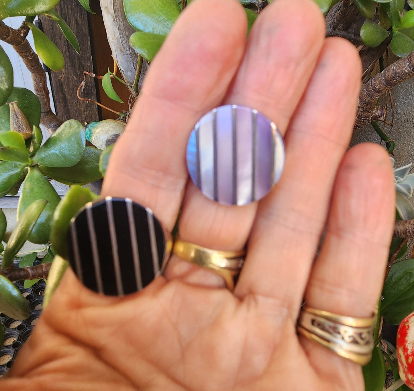 Large round inlay ring,925 sterling silver,black acrylic mosaic