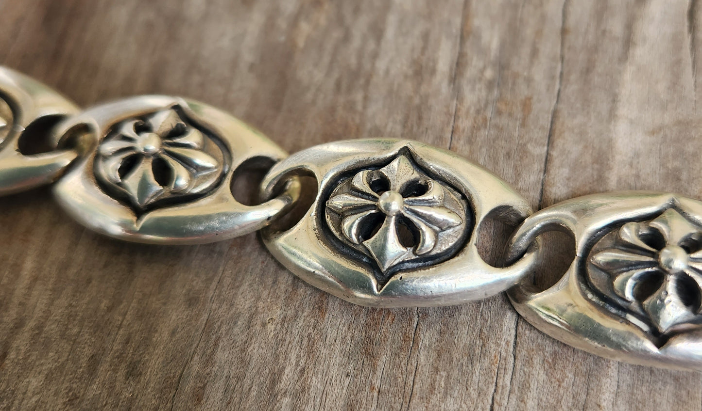 Heavy silver bracelet,925 sterling silver,Fluer-de-Lis link, handmade,unisex,boho,