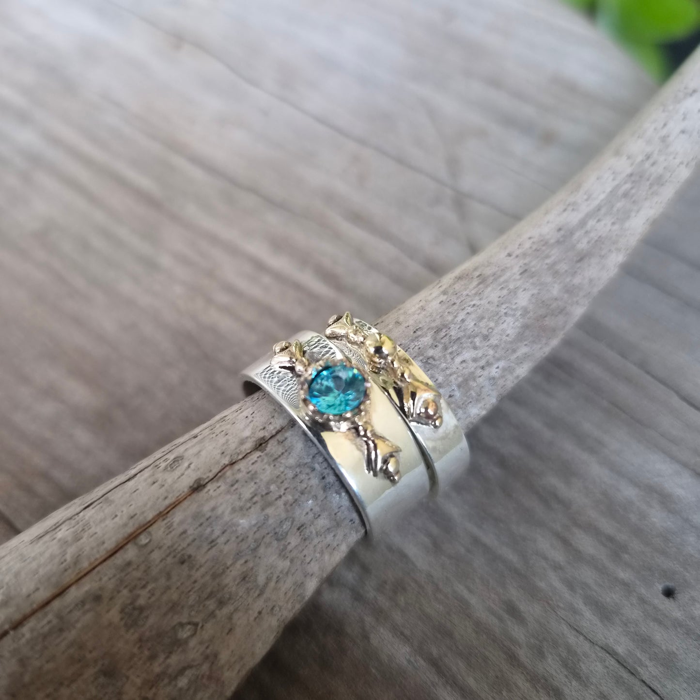 Mixed metal ring,9k gold top 925 sterling silver band, cz two tone