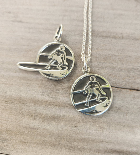 Surfer pendant,925 sterling silver disc, surf board rider,