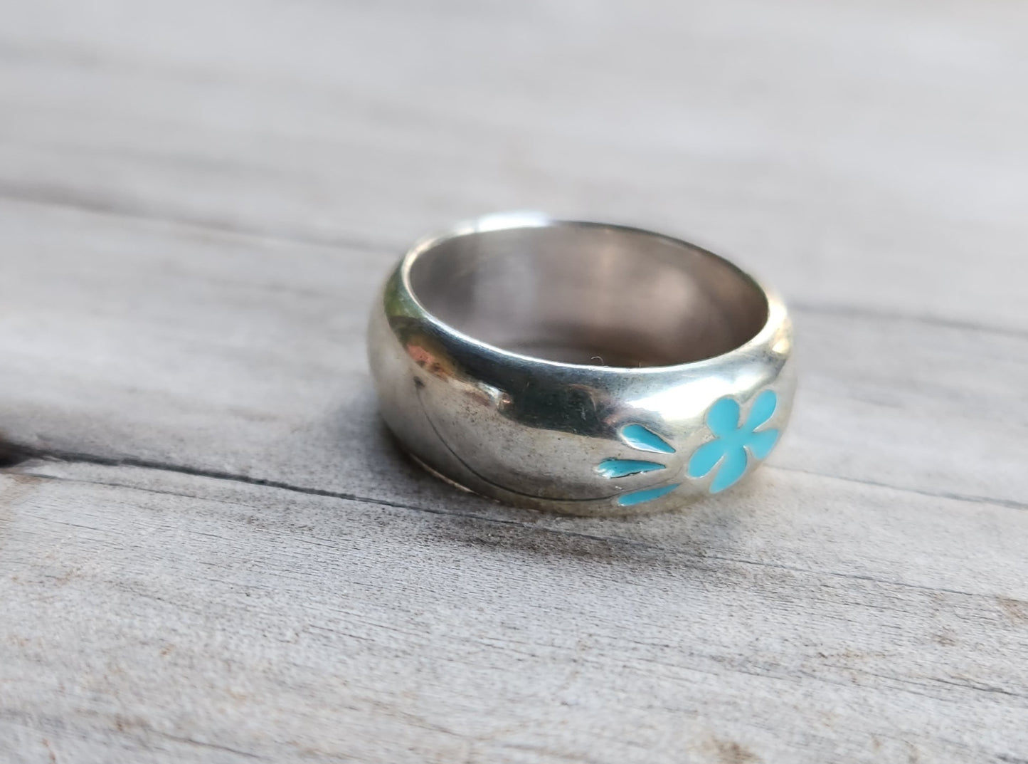 Surf ring,925 sterling silver band,Hawaii,blue Hibiscis flower ring,frangipani, surfer girl ring,flower, ring,boho,gypsy,silver band,wedding,hand made