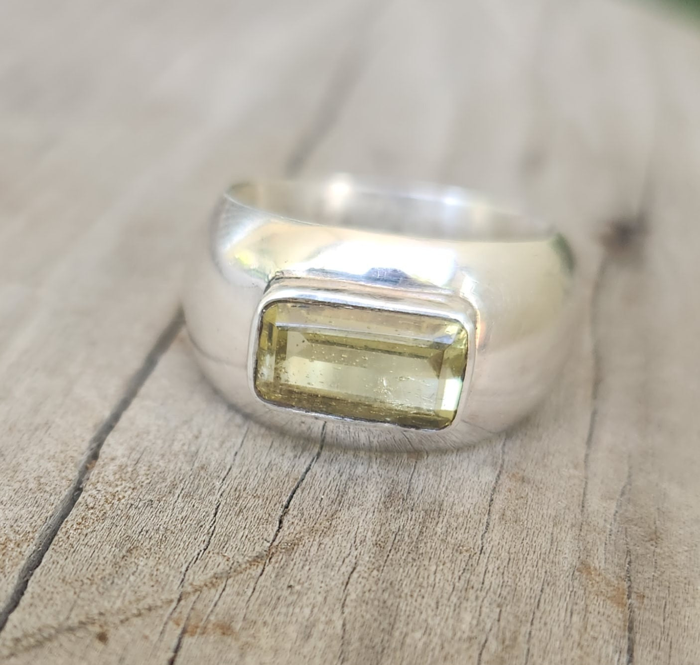 Wide silver ring,925 sterling silver,yellow beryl rectangle gemstone. handmade,new age