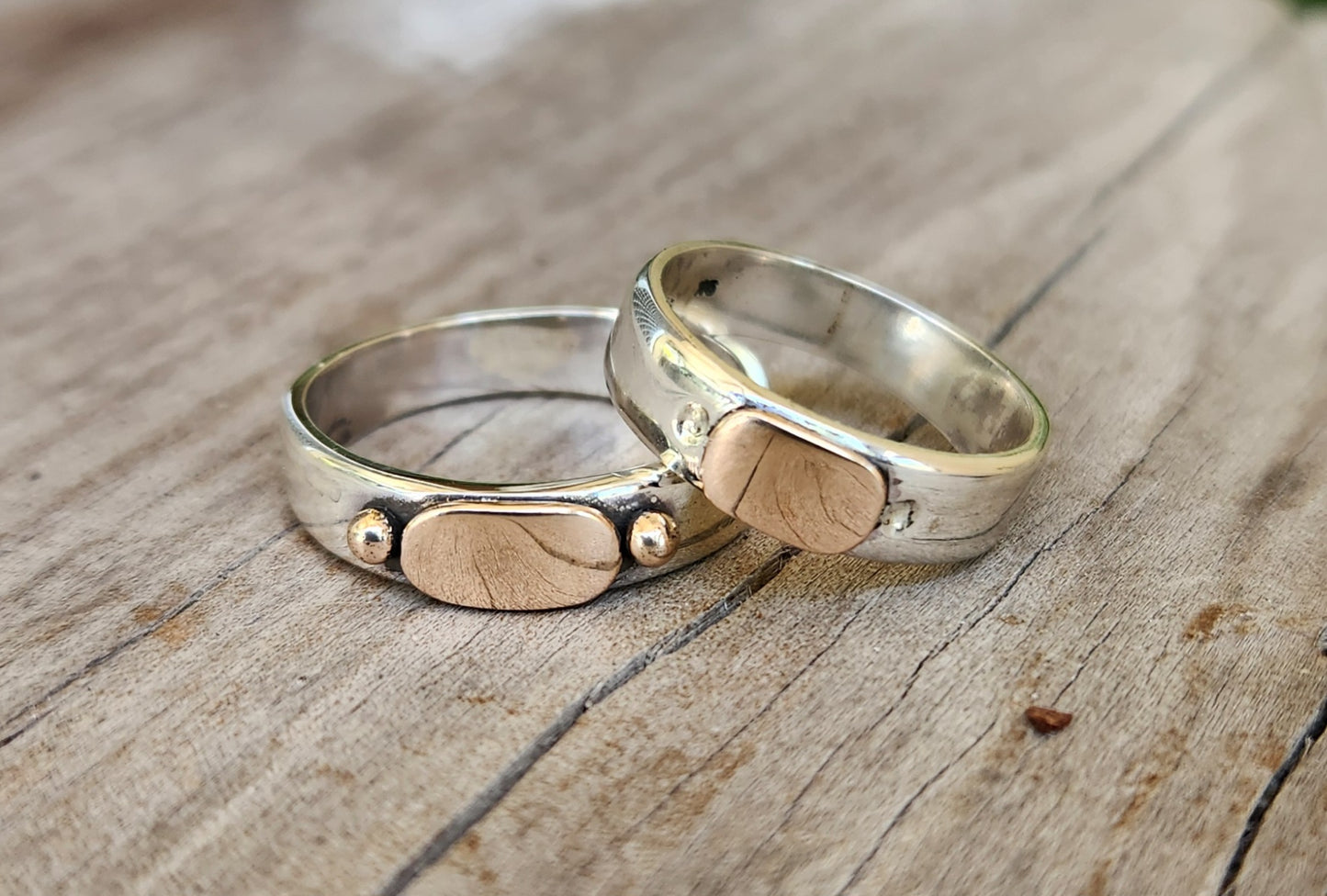 Gold and silver two tone ring,9k gold centre on 925 sterling silver band,gold ball,mixed metal wedding band.