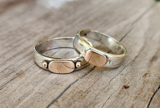 Gold and silver two tone ring,9k gold centre on 925 sterling silver band,gold ball,mixed metal wedding band.