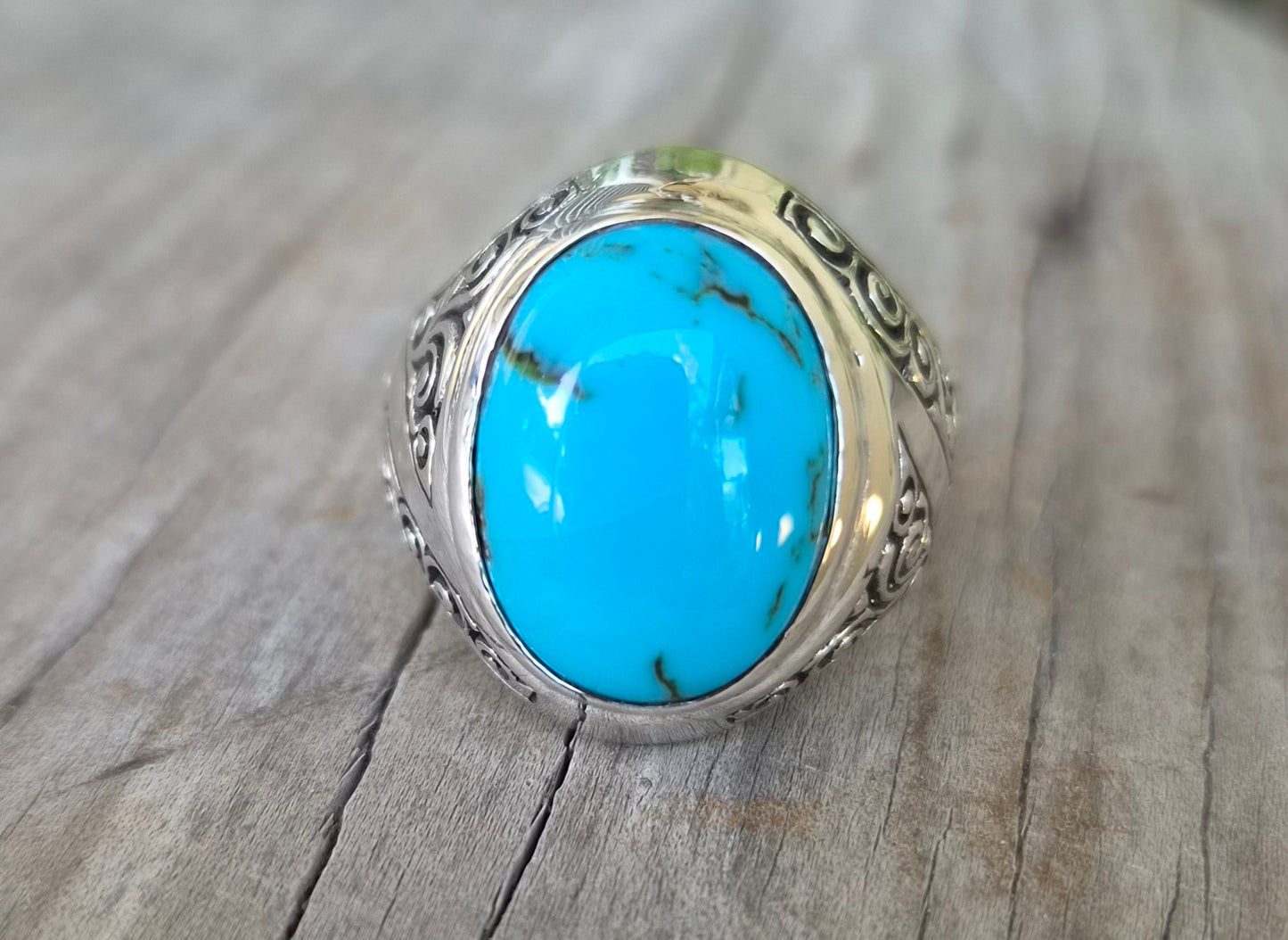 Turquoise ring,large mans ring,925 sterling silver,wedding dress scroll,maori koru,pattern