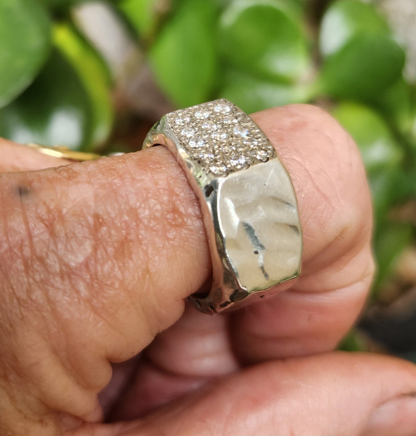 Hexagonal cubic zirconia ring, 925 solid sterling silver,cz top, hammered handmade band,unisex ring, wedding ring,heavy band,industrial,