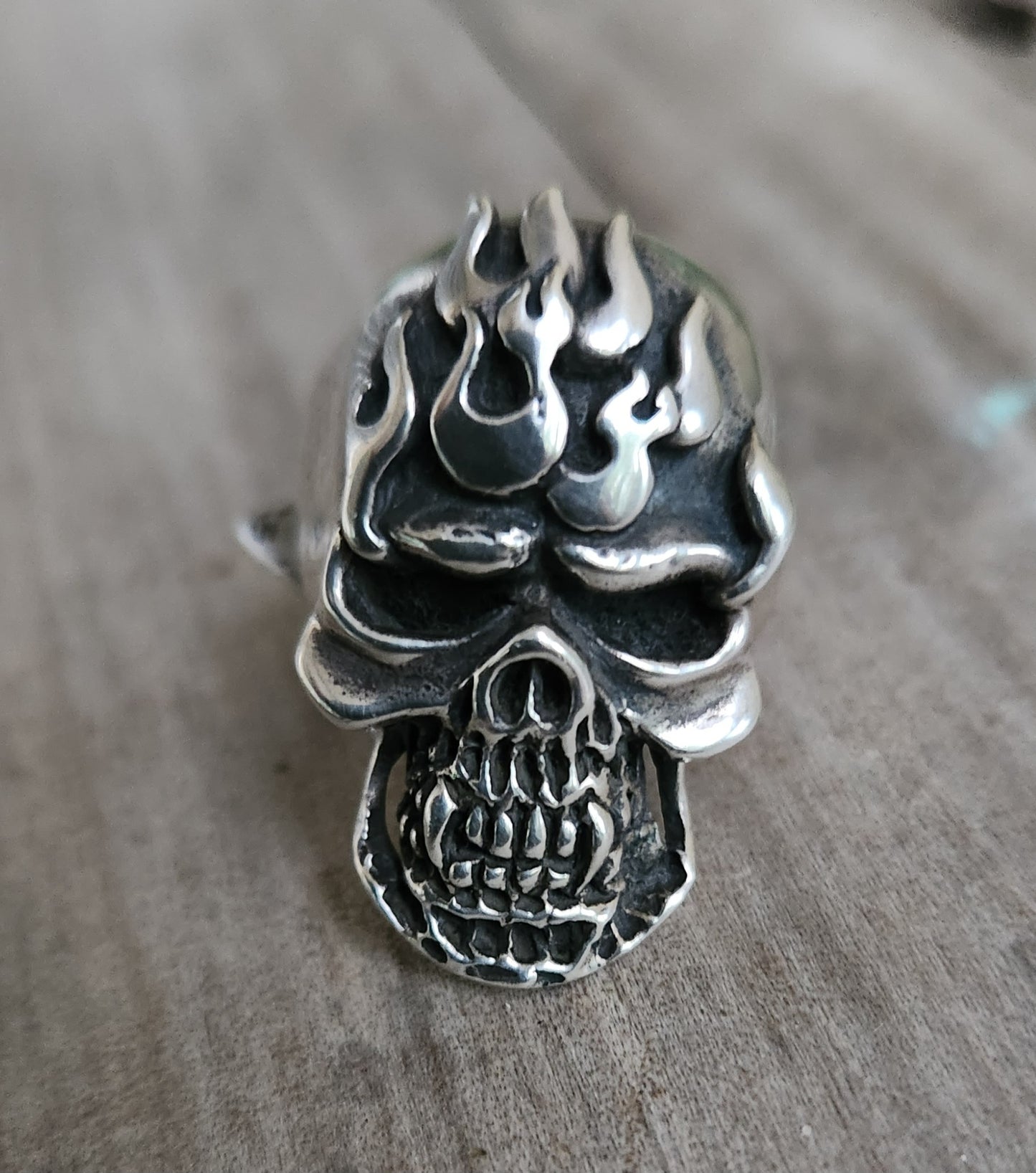 Long Skull flame ring,925 sterling silver,kustom kulture roth flame,flat ring,muscle car, steampunk,gothic, punk,small skull ring,hipster