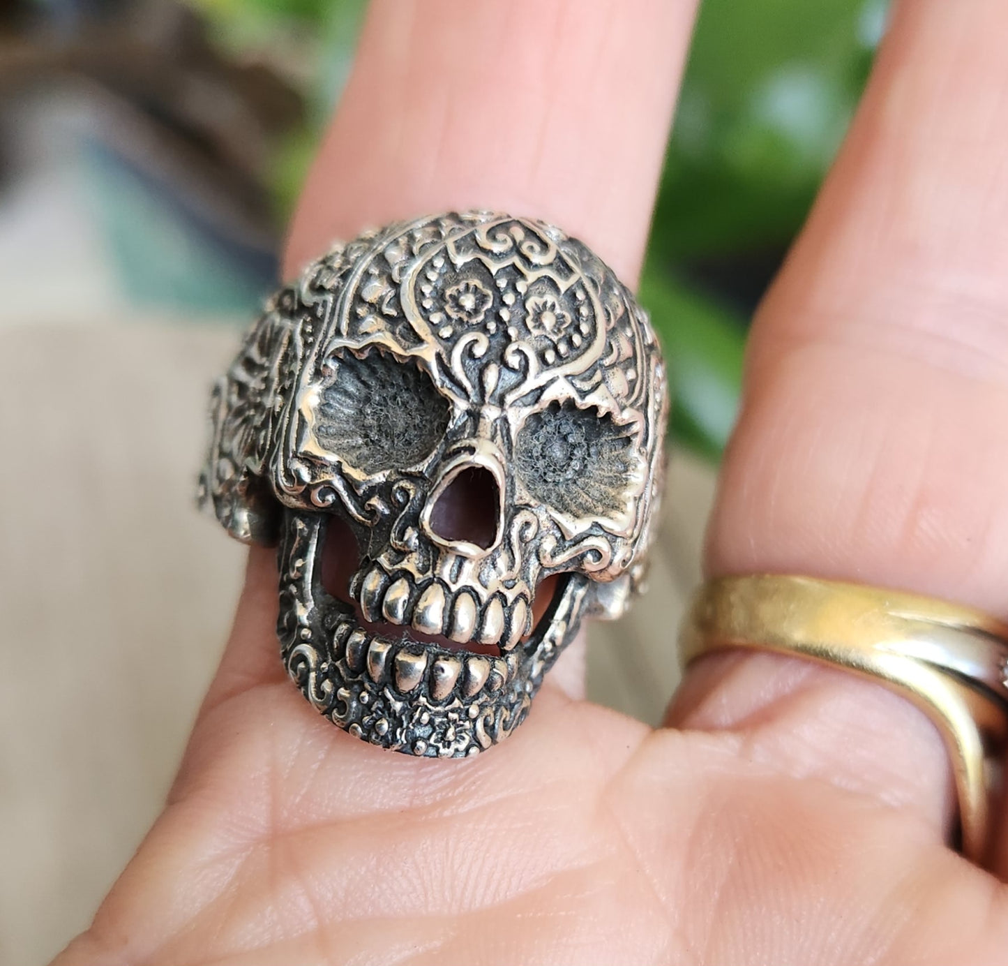 sugar skull,925 sterling silver,day of the dead, skull,steampunk,gothic, punk,large skull ,long silver ring,handmade,