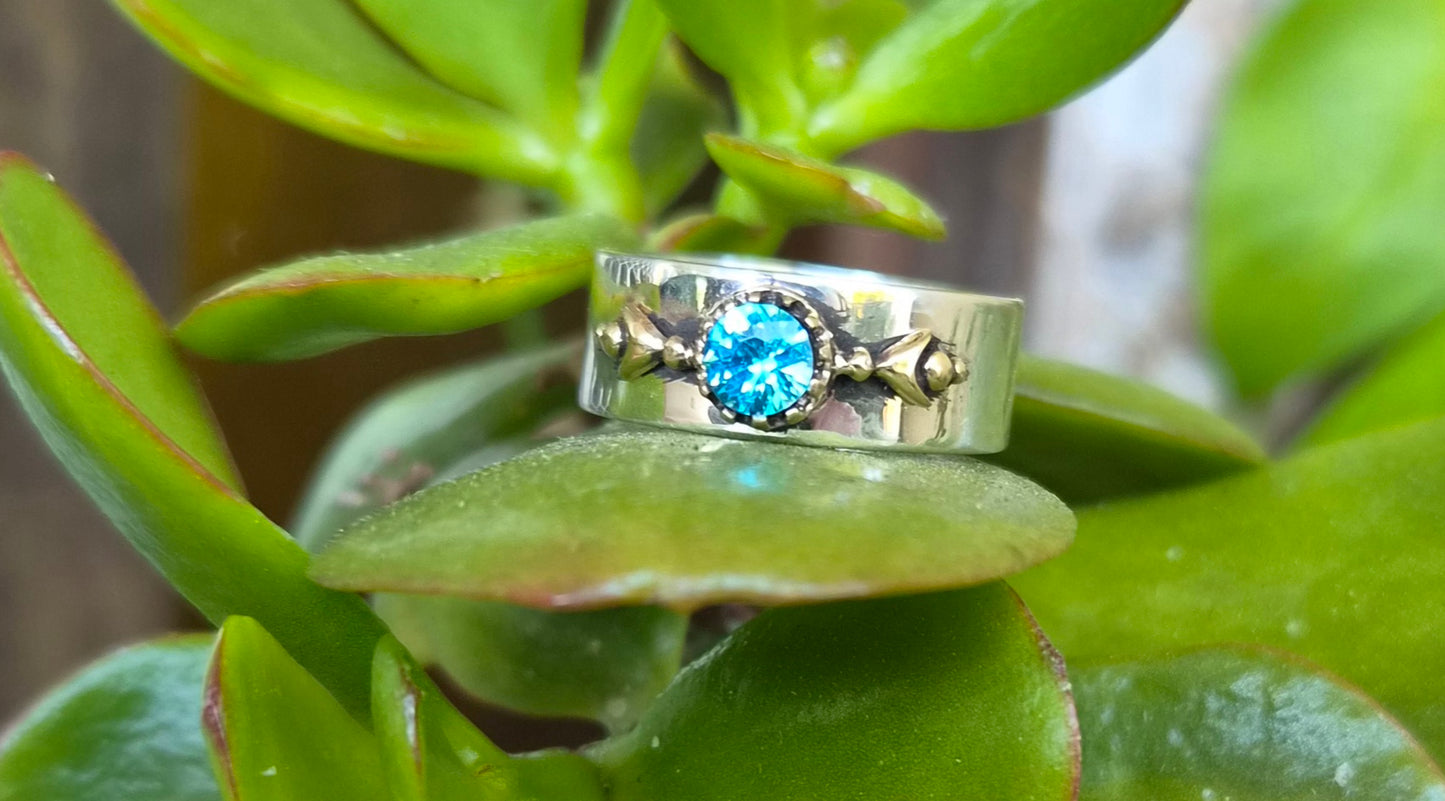 Mixed metal ring,9k gold top 925 sterling silver band, cz two tone