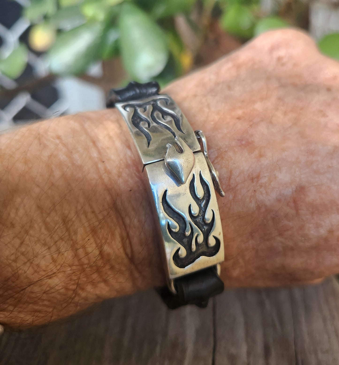 Silver flame bracelet,925 sterling silver,heavy chunky silver with crocodile leather band