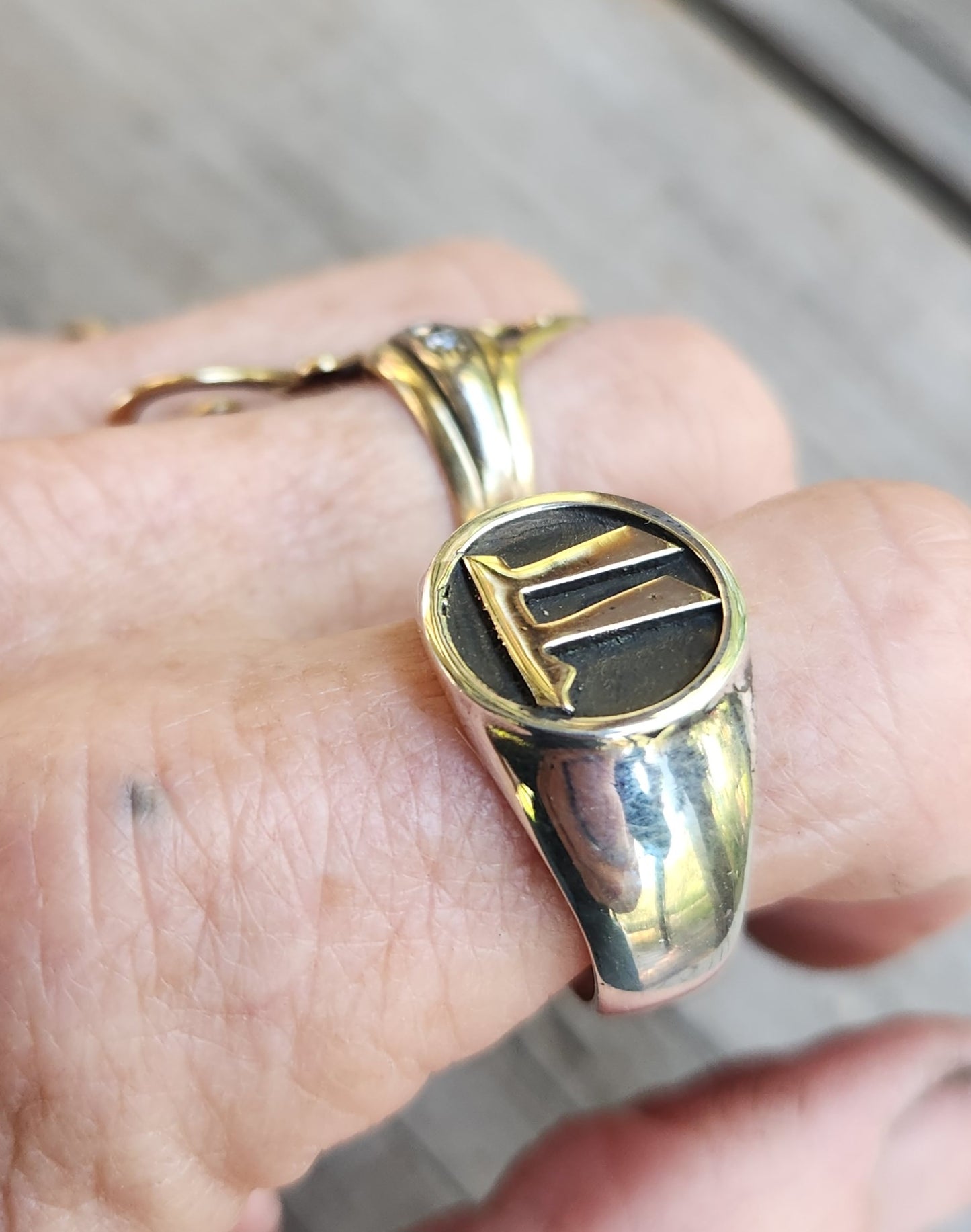 Gold chai signet ring 9k symbol on sterling silver band, Jewish "life"symbol,Hebrew vitality, good luck, spiritual, handmade