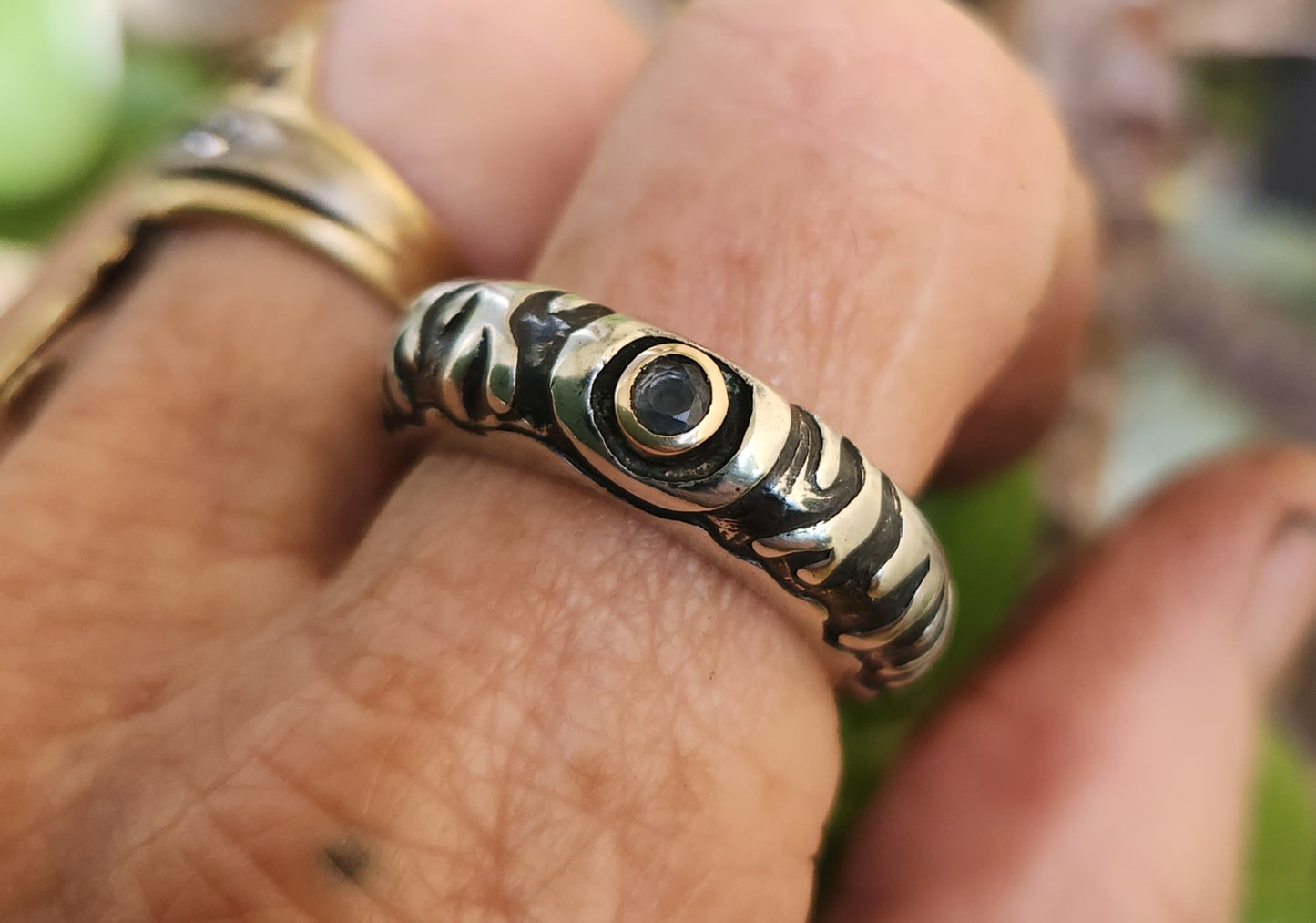Gold and silver two tone ring,sapphire set in 9k gold,925 sterling silver band,mixed metal
