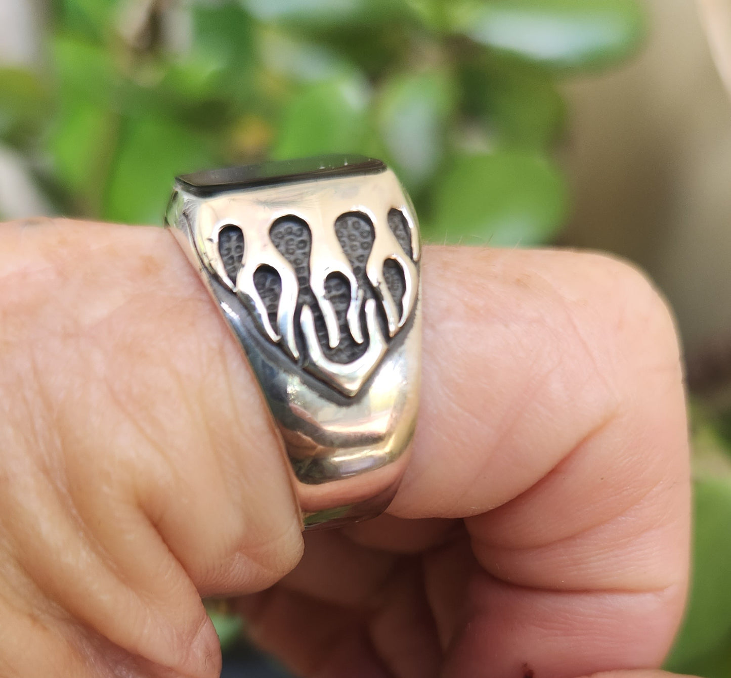 Square black top ring, flame ring,925 sterling silver,gothic,punk,men's fashion,