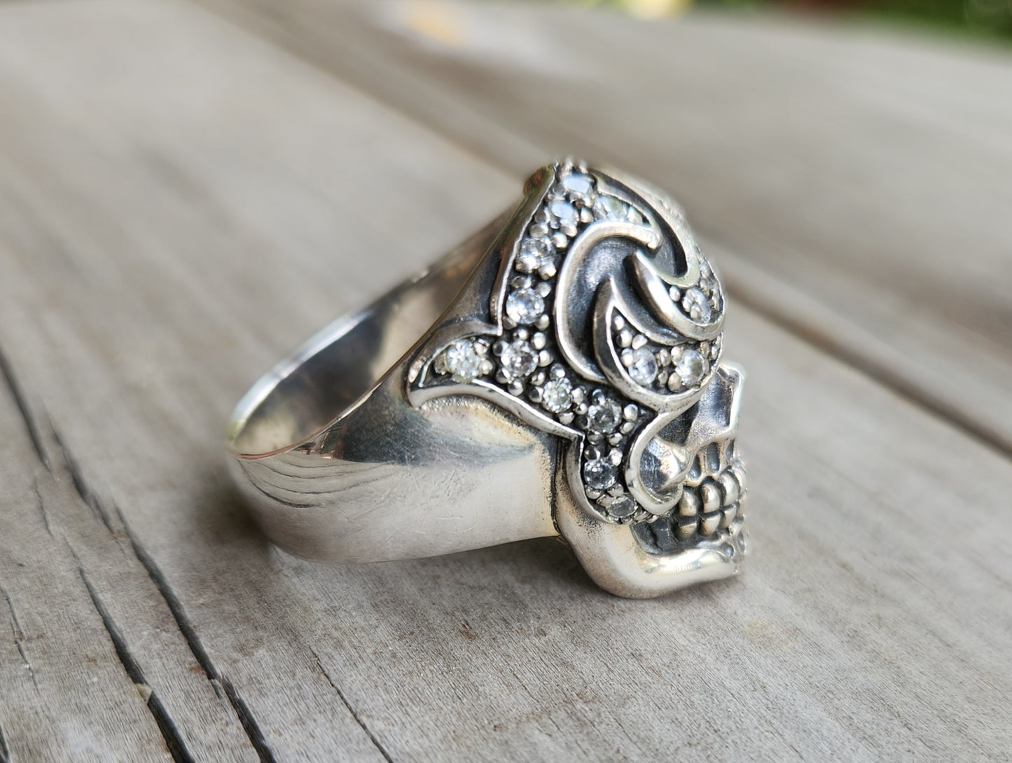 Skull ring,925 sterling silver bling,cubic zirconia,rockabilly,handmade,mens fashion,chunky ring,pirate