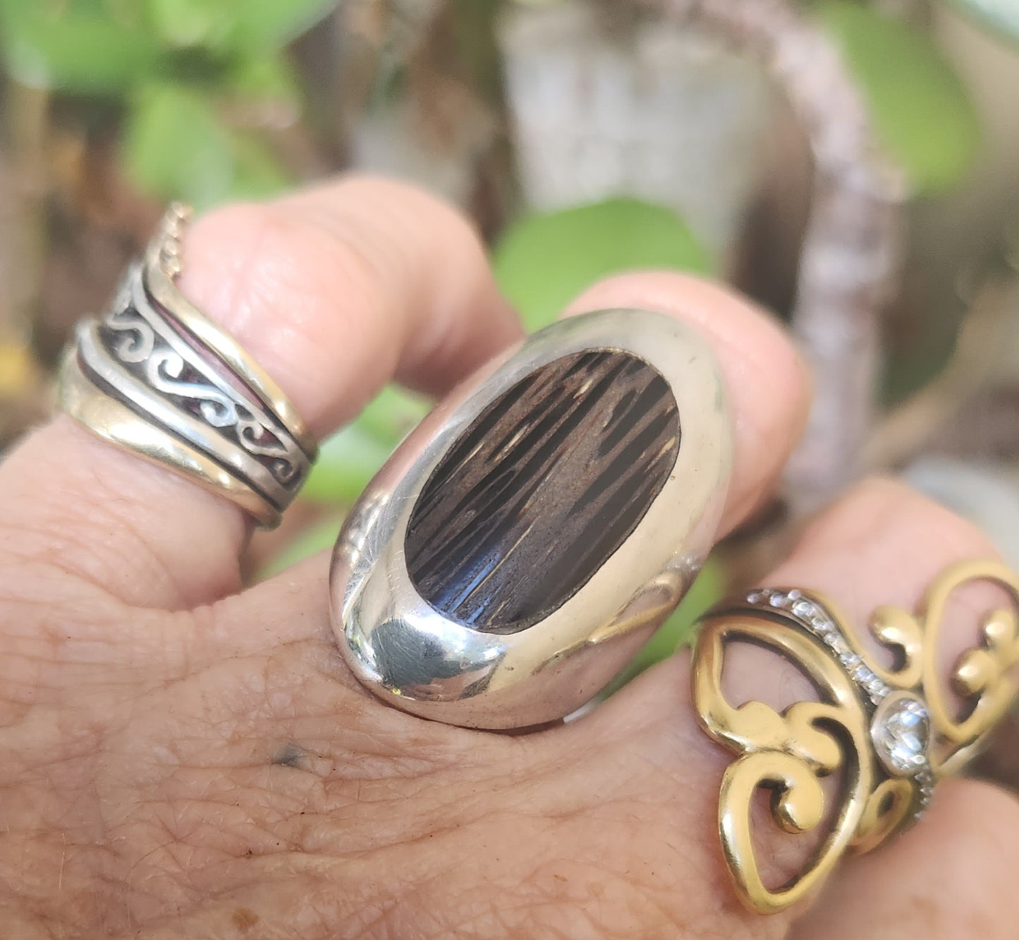 long silver ring,925 sterling silver,size 6.5 coconut inlay boho,shic minimalist ,new age handmade