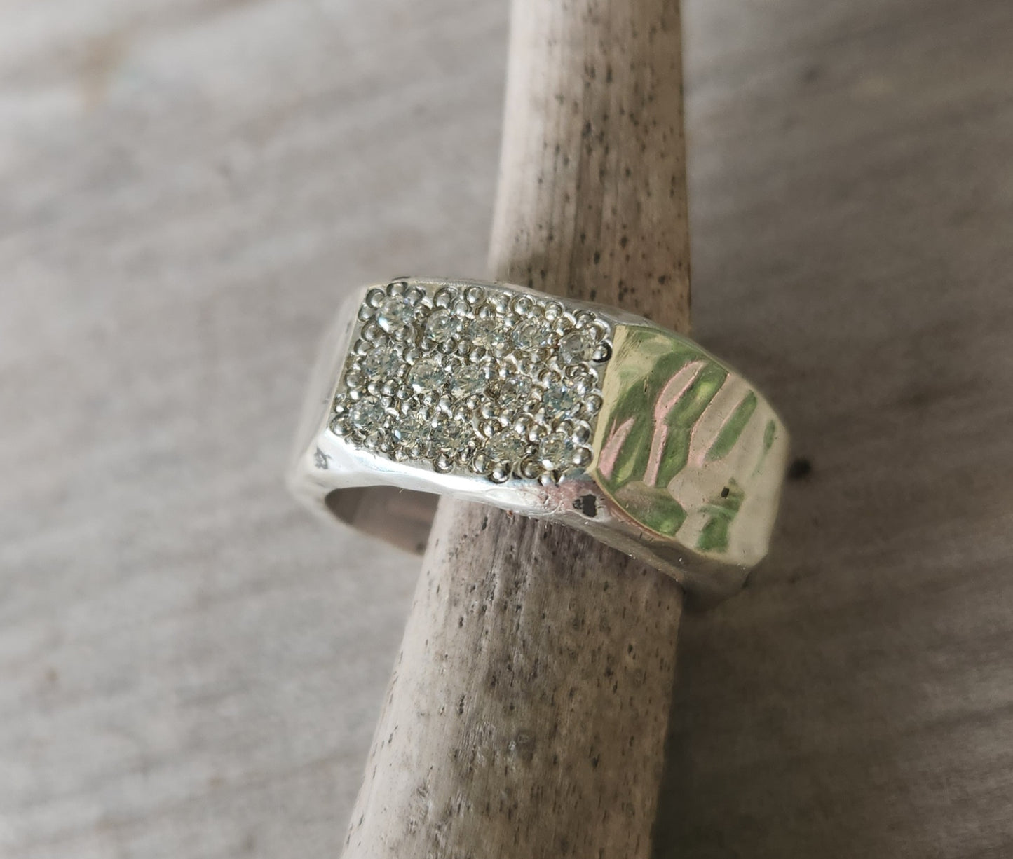 Hexagonal cubic zirconia ring, 925 solid sterling silver,cz top, hammered handmade band,unisex ring, wedding ring,heavy band,industrial,
