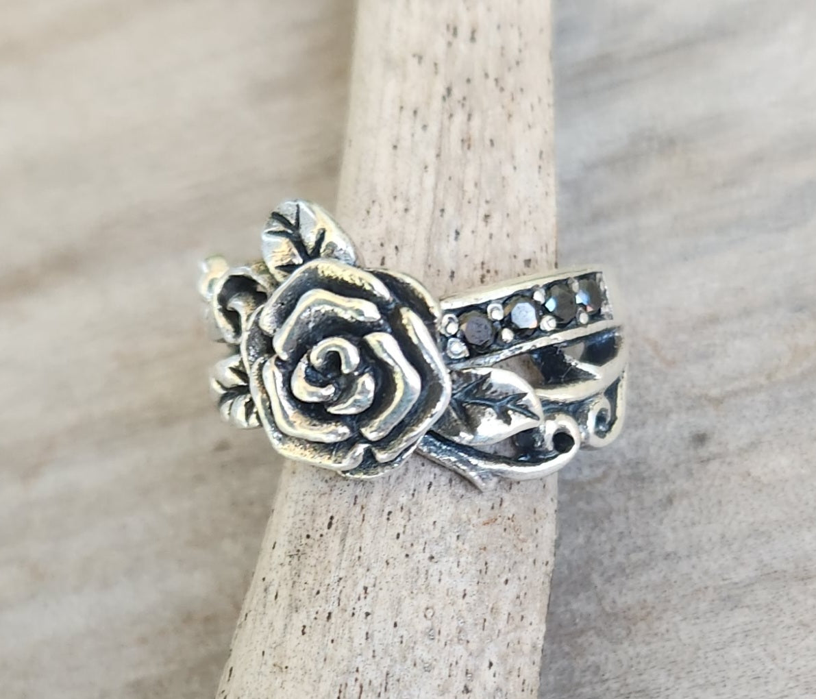 rose black cz ring,sterling silver,cubic zirconias, flower boho, steampunk,gothic,art nouveau ,victorian,vintage,handmade,gypsy,goddess,women fashion
