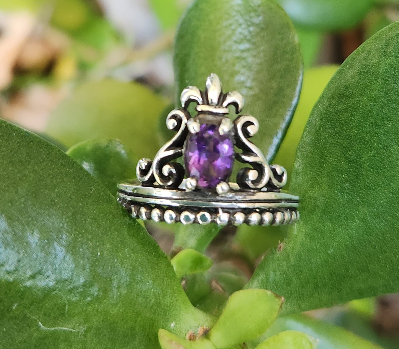 Amethyst ring,vintage scroll,925 sterling silver,fluer d lil crown,steampunk,art nouveau,long ring, victorian,boho,gypsy,handmade,