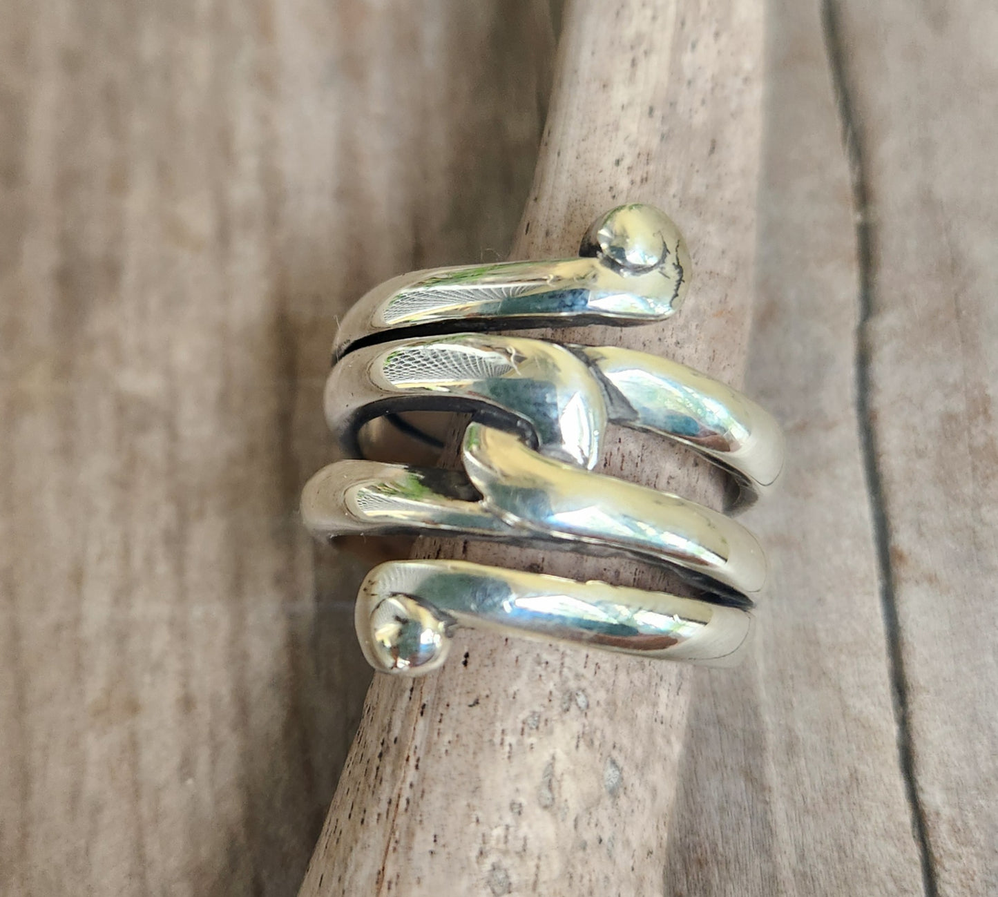 long swirl silver ring,925 sterling,swirl,boho,gypsy,hippy,triple band.