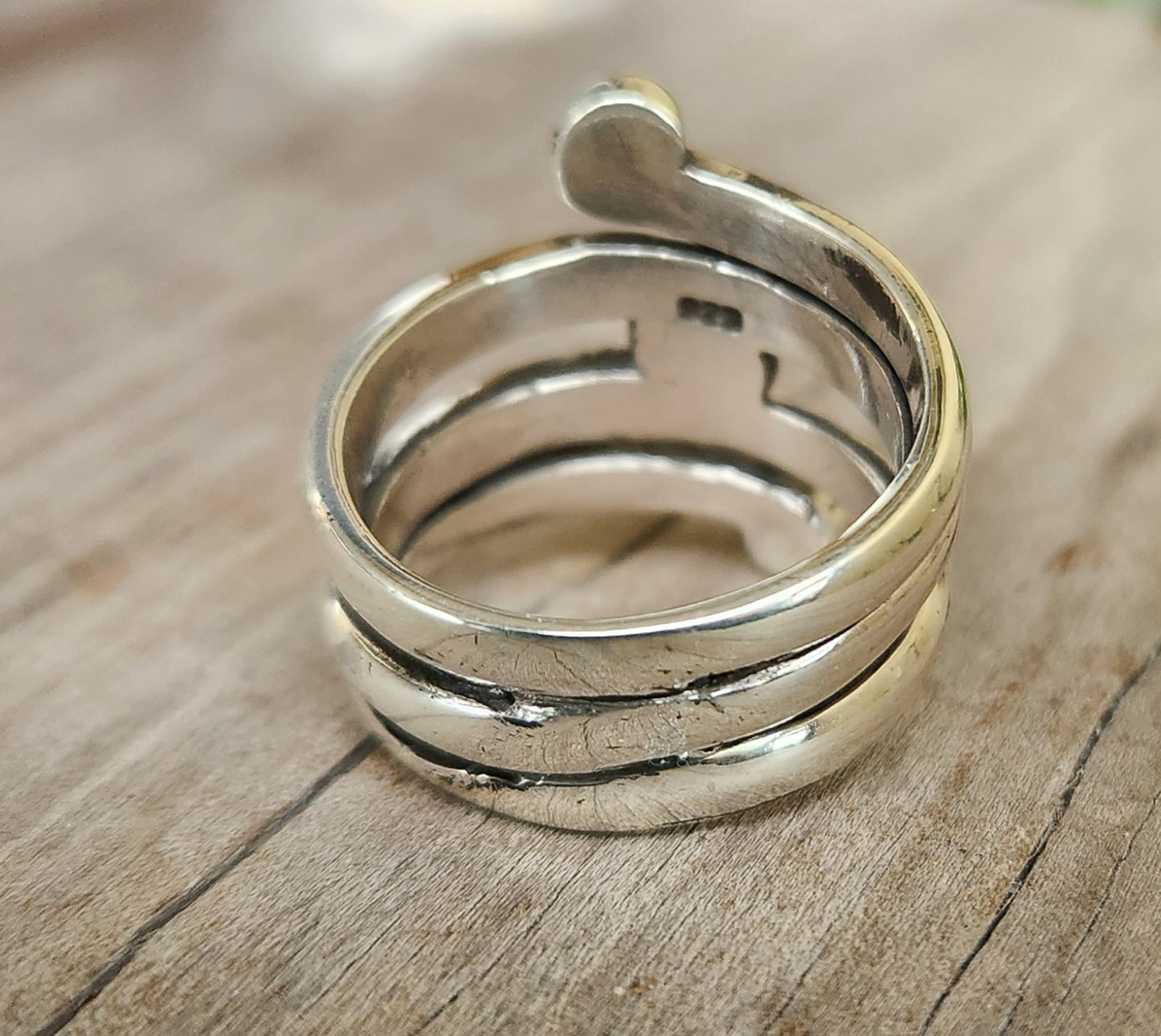 long silver ring,925 sterling,swirl,boho,gypsy,hippy,triple band.