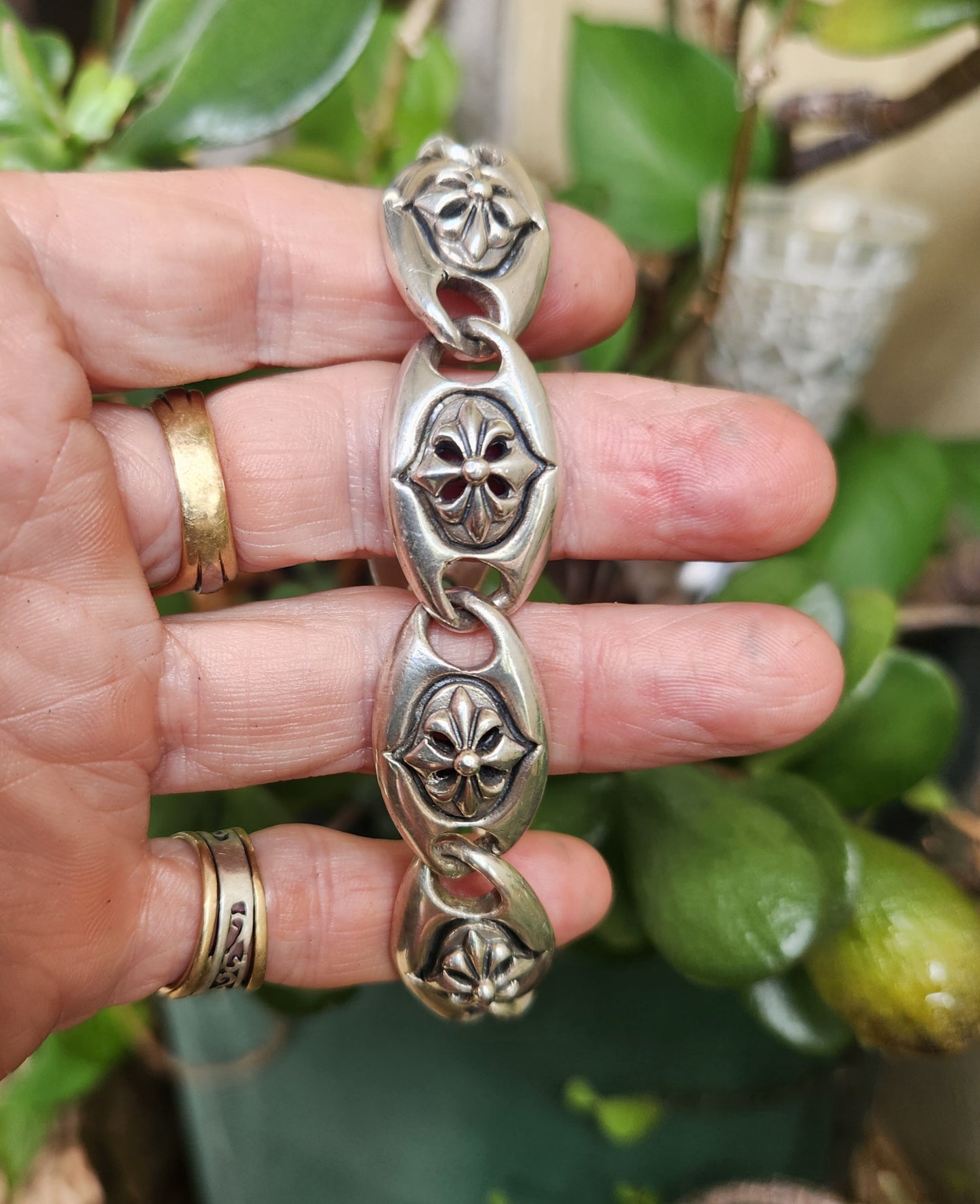 Heavy silver bracelet,925 sterling silver,Fluer-de-Lis link, handmade,unisex,boho,