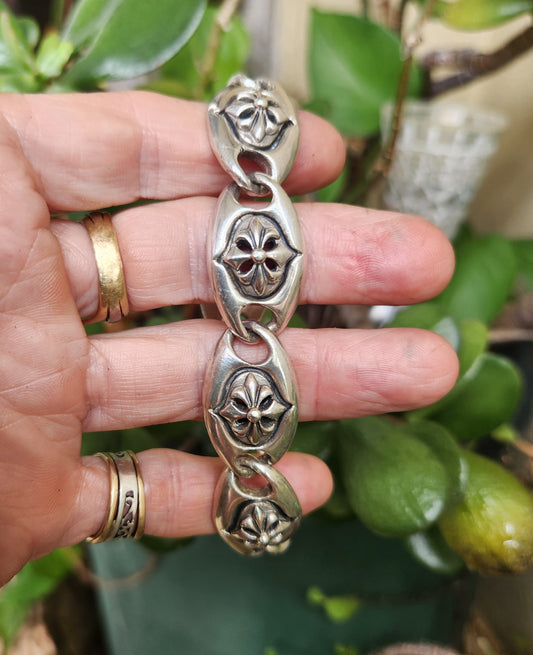 Heavy silver bracelet,925 sterling silver,Fluer-de-Lis link, handmade,unisex,boho,