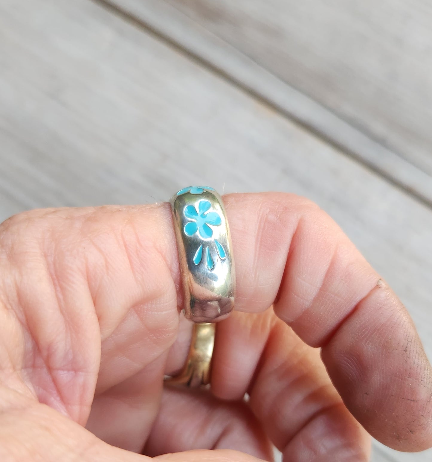 Surf ring,925 sterling silver band,Hawaii,blue Hibiscis flower ring,frangipani, surfer girl ring,flower, ring,boho,gypsy,silver band,wedding,hand made