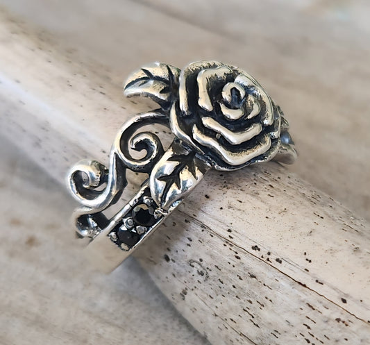 rose black cz ring,sterling silver,cubic zirconias, flower boho, steampunk,gothic,art nouveau ,victorian,vintage,handmade,gypsy,goddess,women fashion