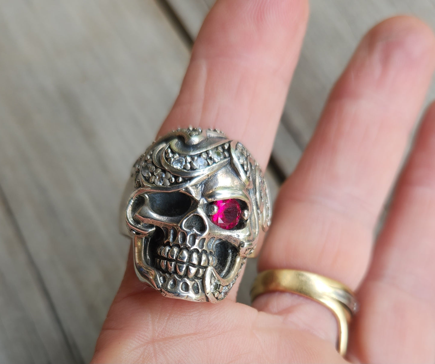 Skull ring,925 sterling silver bling,cubic zirconia,rockabilly,handmade,mens fashion,chunky ring,pirate