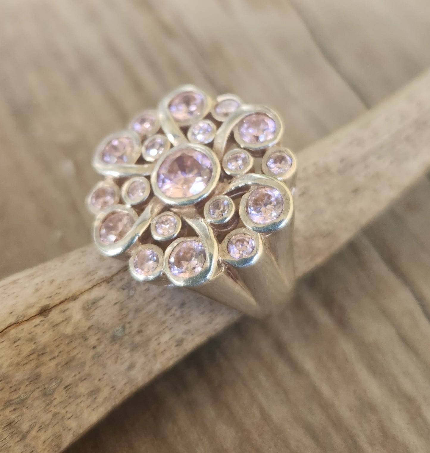 Large Pink cz ring,925 sterling silver,flower multi stone cluster,cubic zirconia,