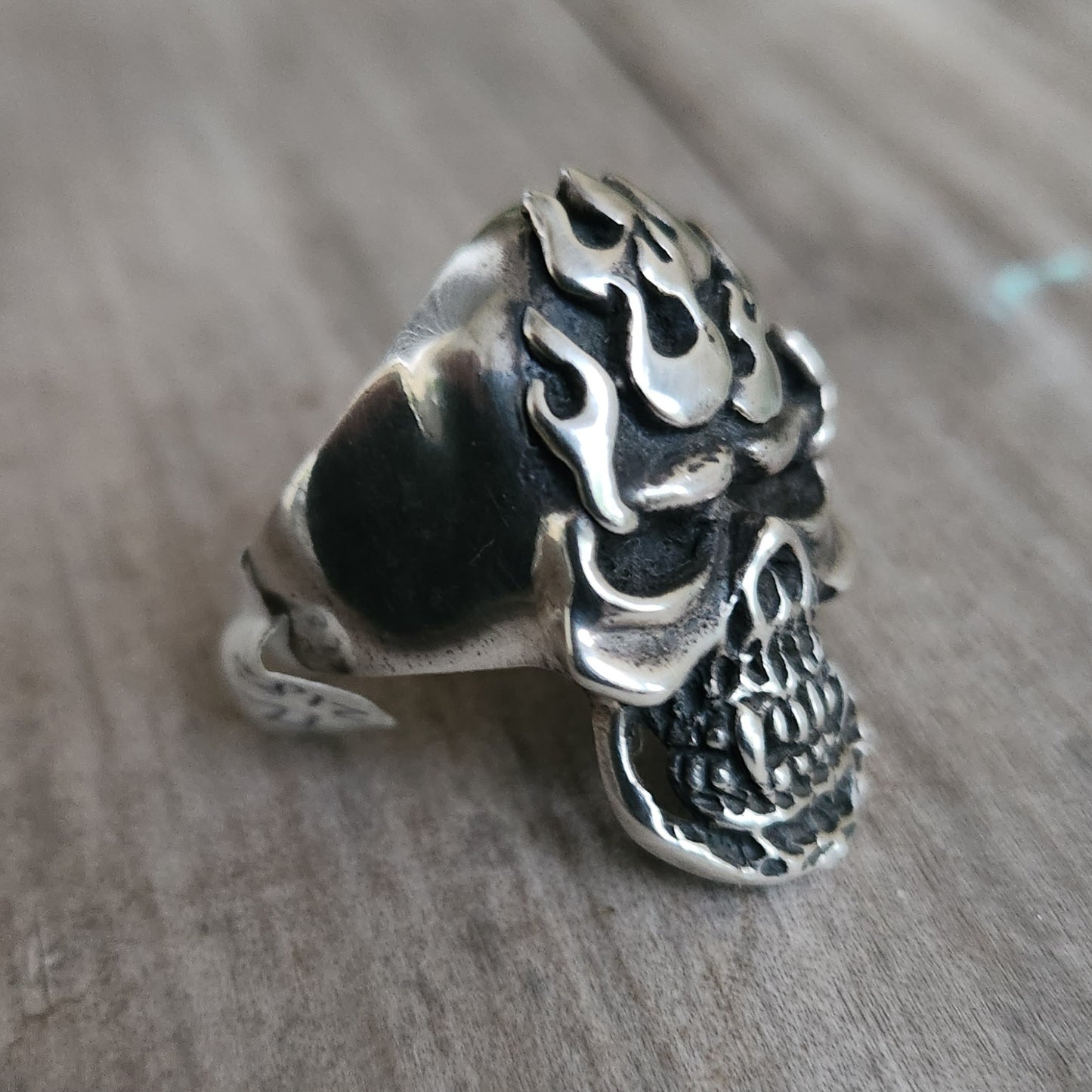 Long Skull flame ring,925 sterling silver,kustom kulture roth flame,flat ring,muscle car, steampunk,gothic, punk,small skull ring,hipster
