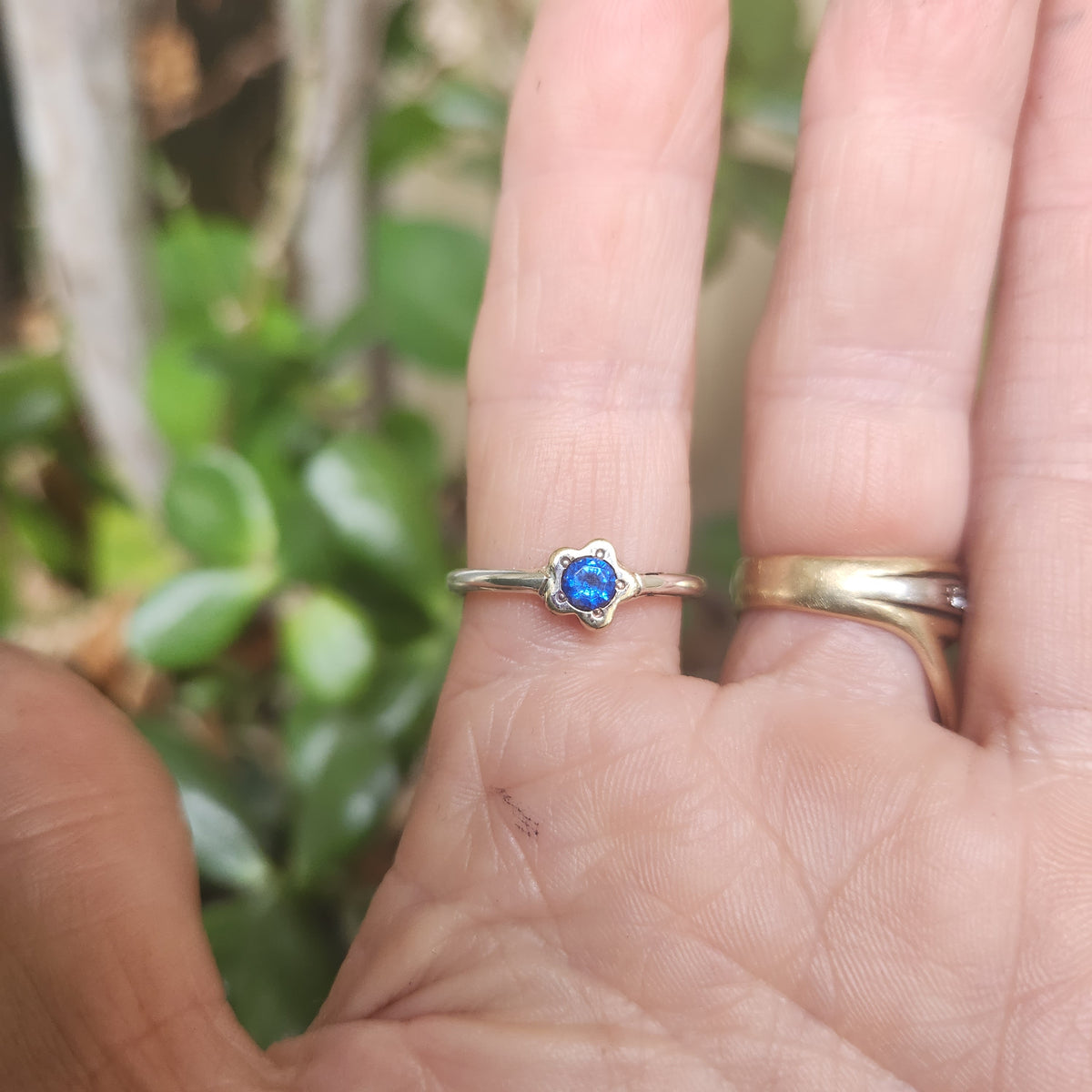 Two tone flower stacking ring,solid 9k gold and sterling silver,mixed metal thin stacker band ,