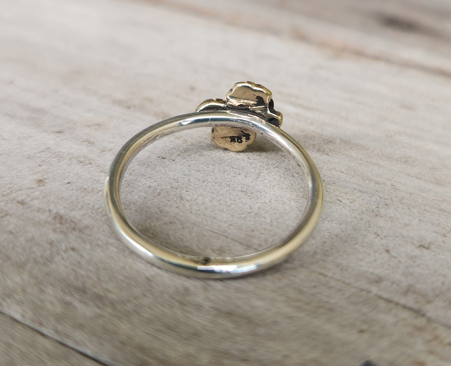 Two tone stacking ring,solid 9k gold flower on sterling silver band,mixed metal flower ring,