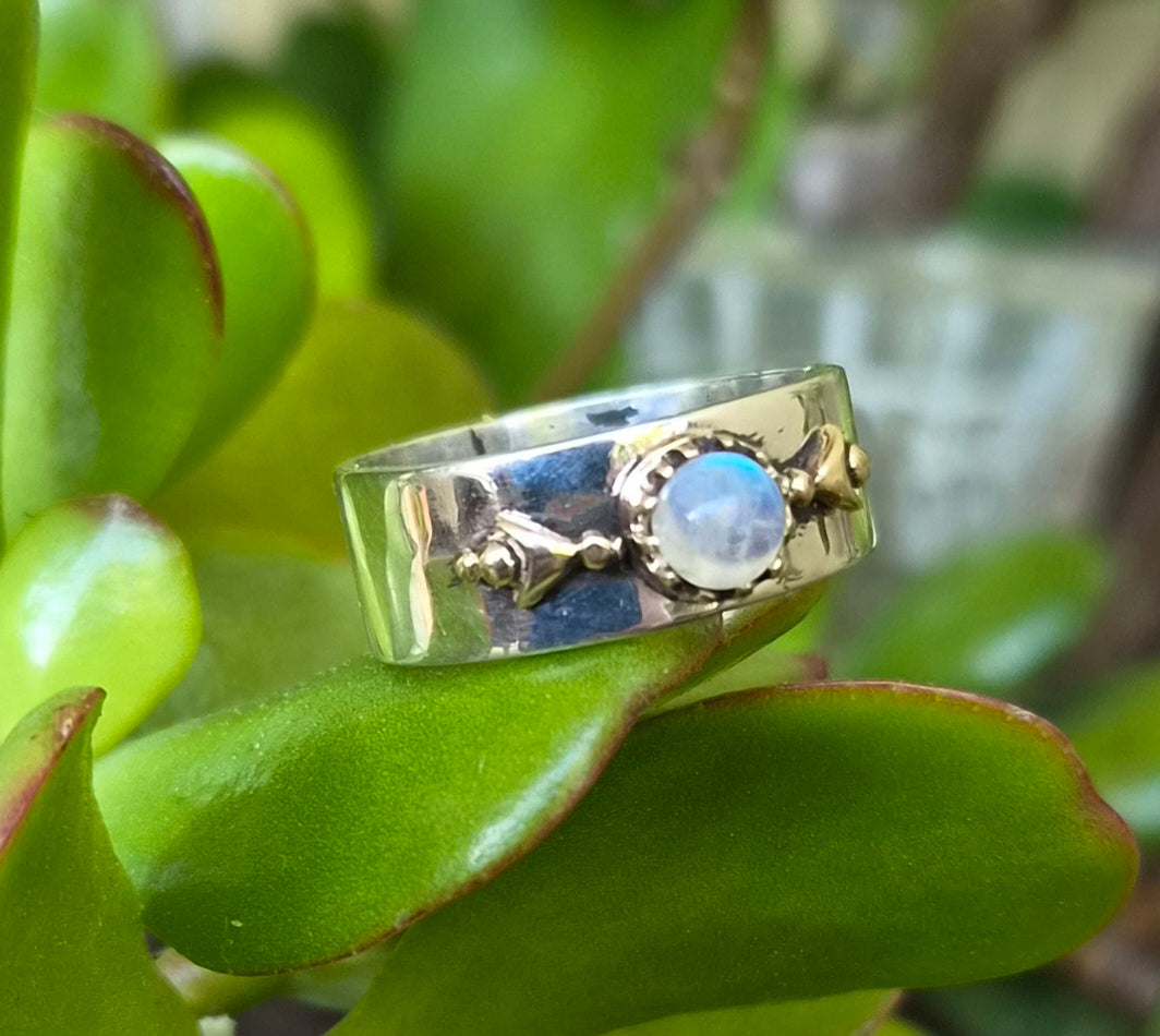 Mixed metal ring,9k gold ball top 925 sterling silver band,gemstone,two tone band
