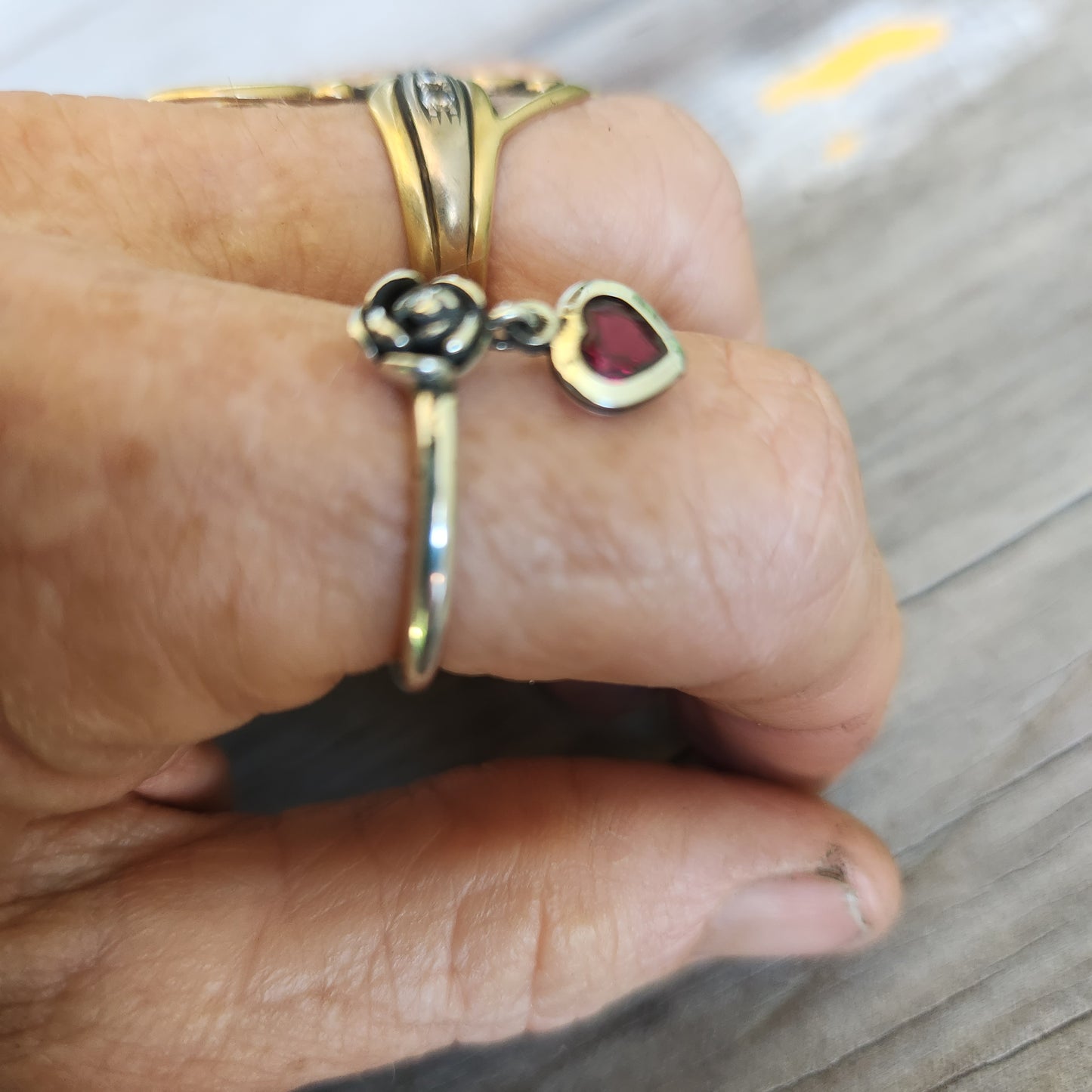 rose heart dangling ring,925 sterling silver,cz,2mm halo mixed metal ring,thin stacker ring,