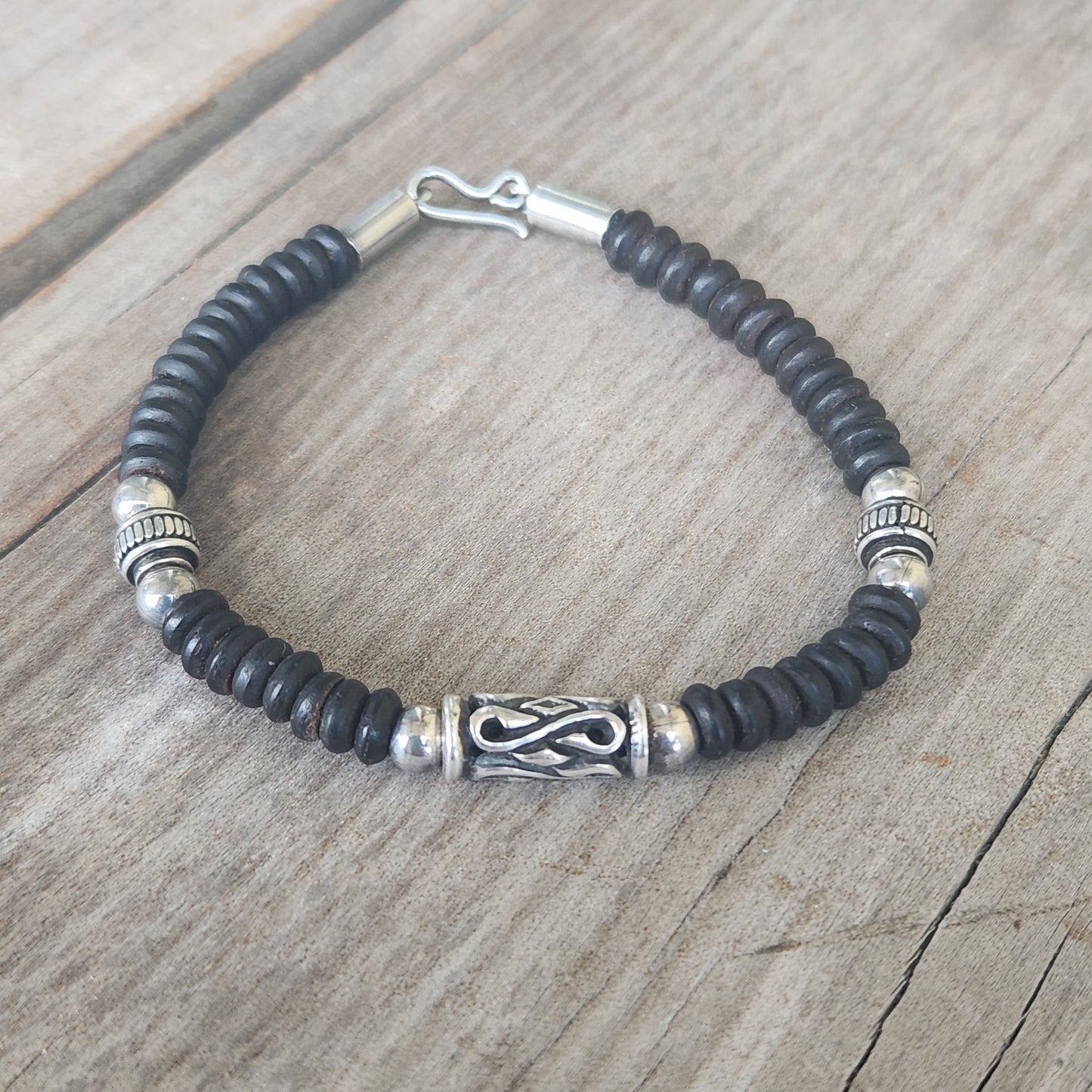 silver bead and wood bracelet,925 sterling silver,handmade coconut bracelet,boho,