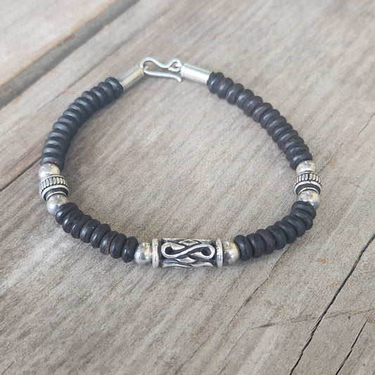 silver bead and wood bracelet,925 sterling silver,handmade coconut bracelet,boho,