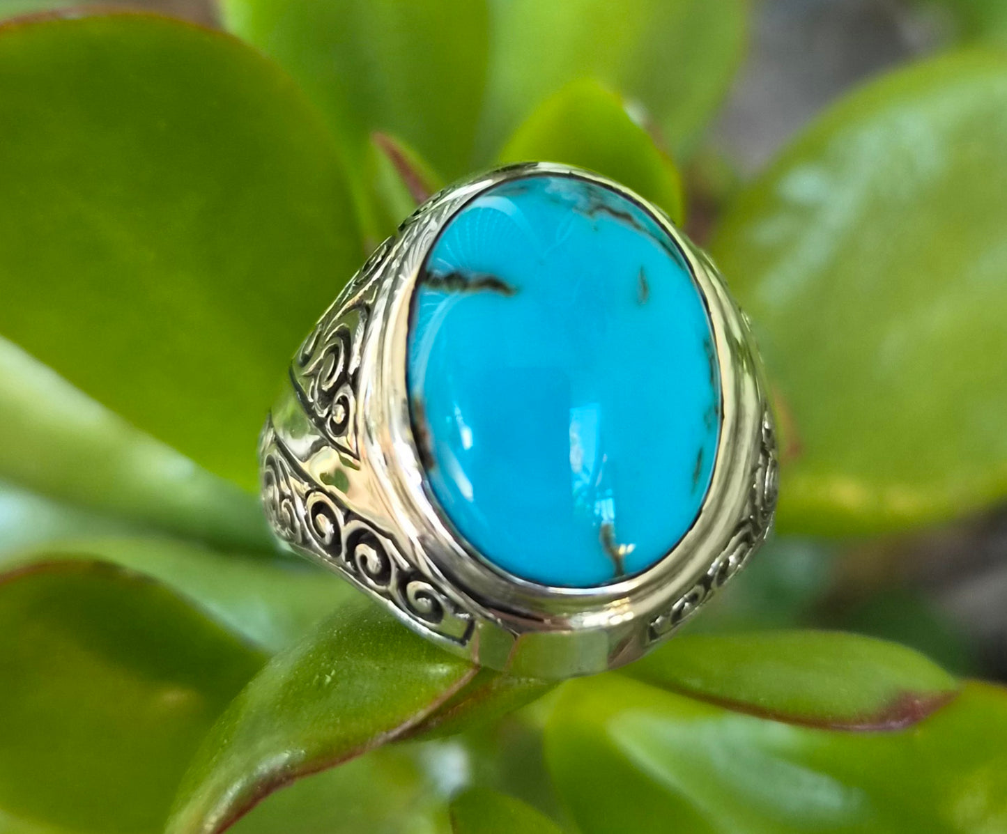 Turquoise ring,large mans ring,925 sterling silver,wedding dress scroll,maori koru,pattern