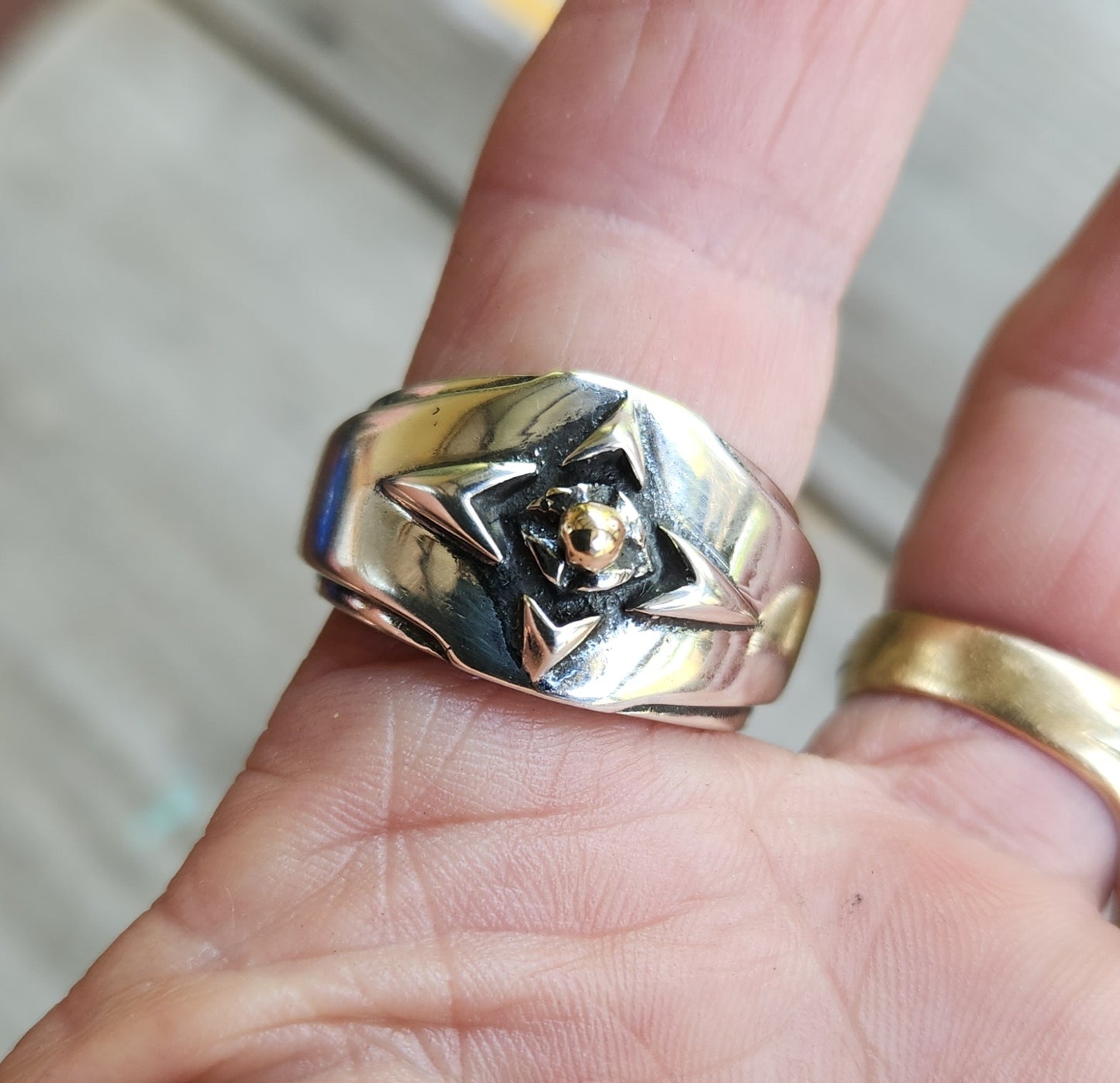 silver tribal band,925 solid sterling silver with a center gold ball ring,ornate mixed metal solid mans ring modern,mixed metal, two tone dress ring,celtic tribal wedding band
