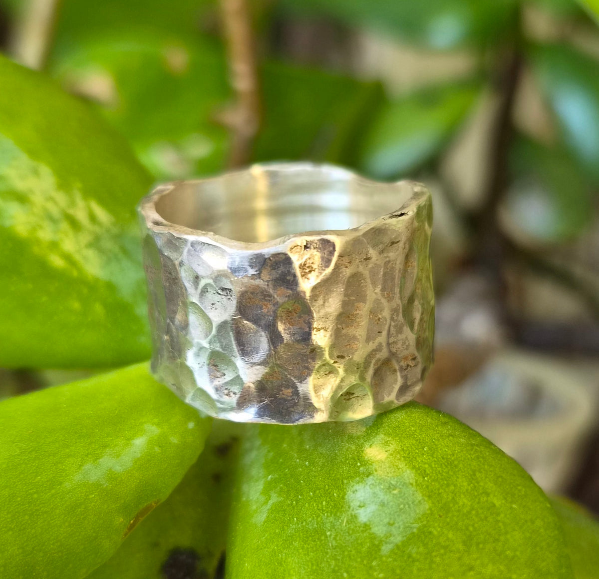 Wide silver hammered ring,15mm 925 sterling silver,rustic handmade wedding ring