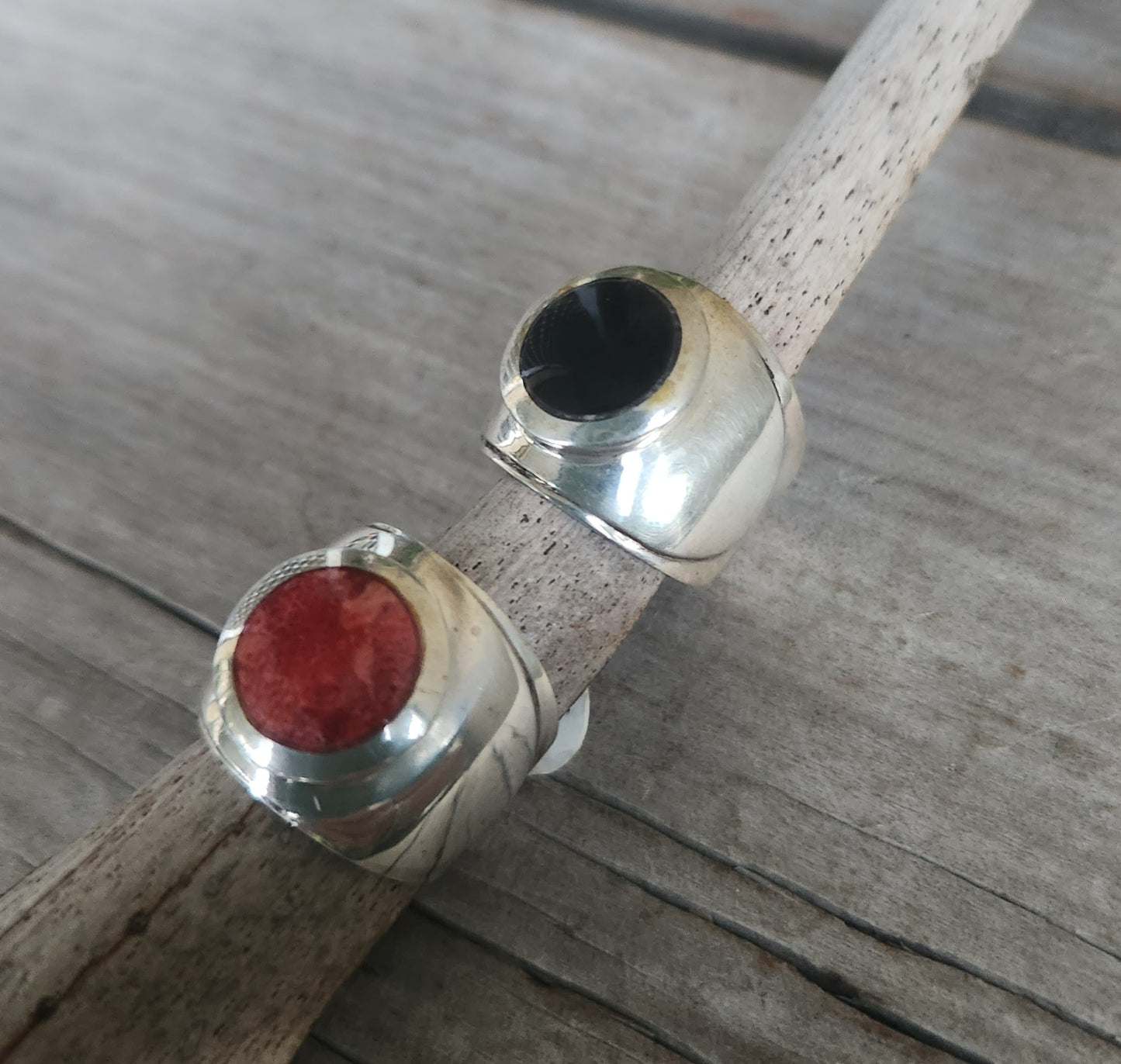 wide silver ring,925 sterling silver,red coral or black enamel