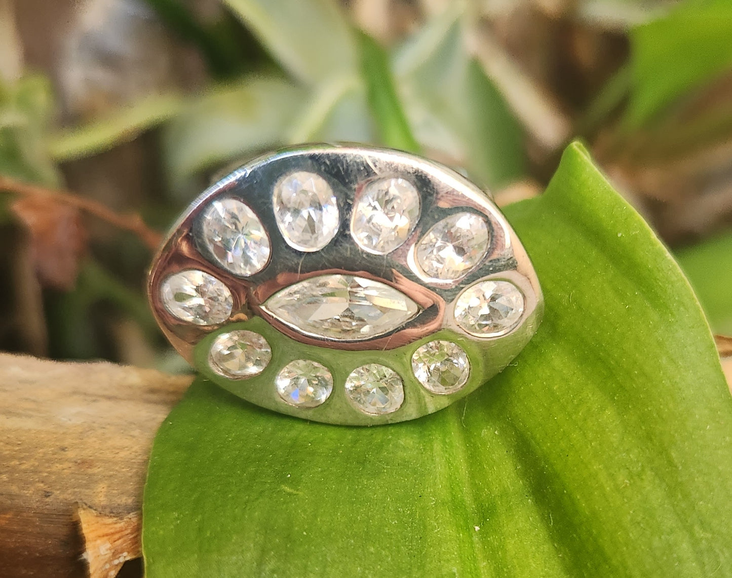 Large cz ring,925 sterling,multi stone,eye shaped cubic zirconia