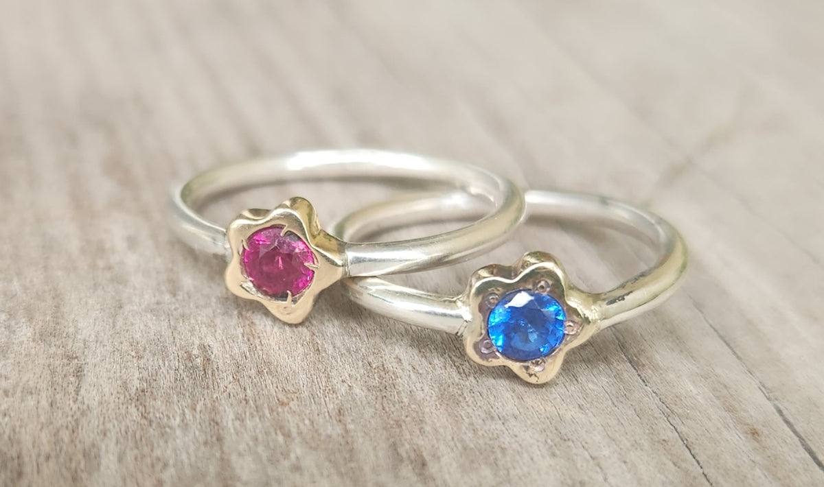 Two tone flower stacking ring,solid 9k gold and sterling silver,mixed metal thin stacker band ,