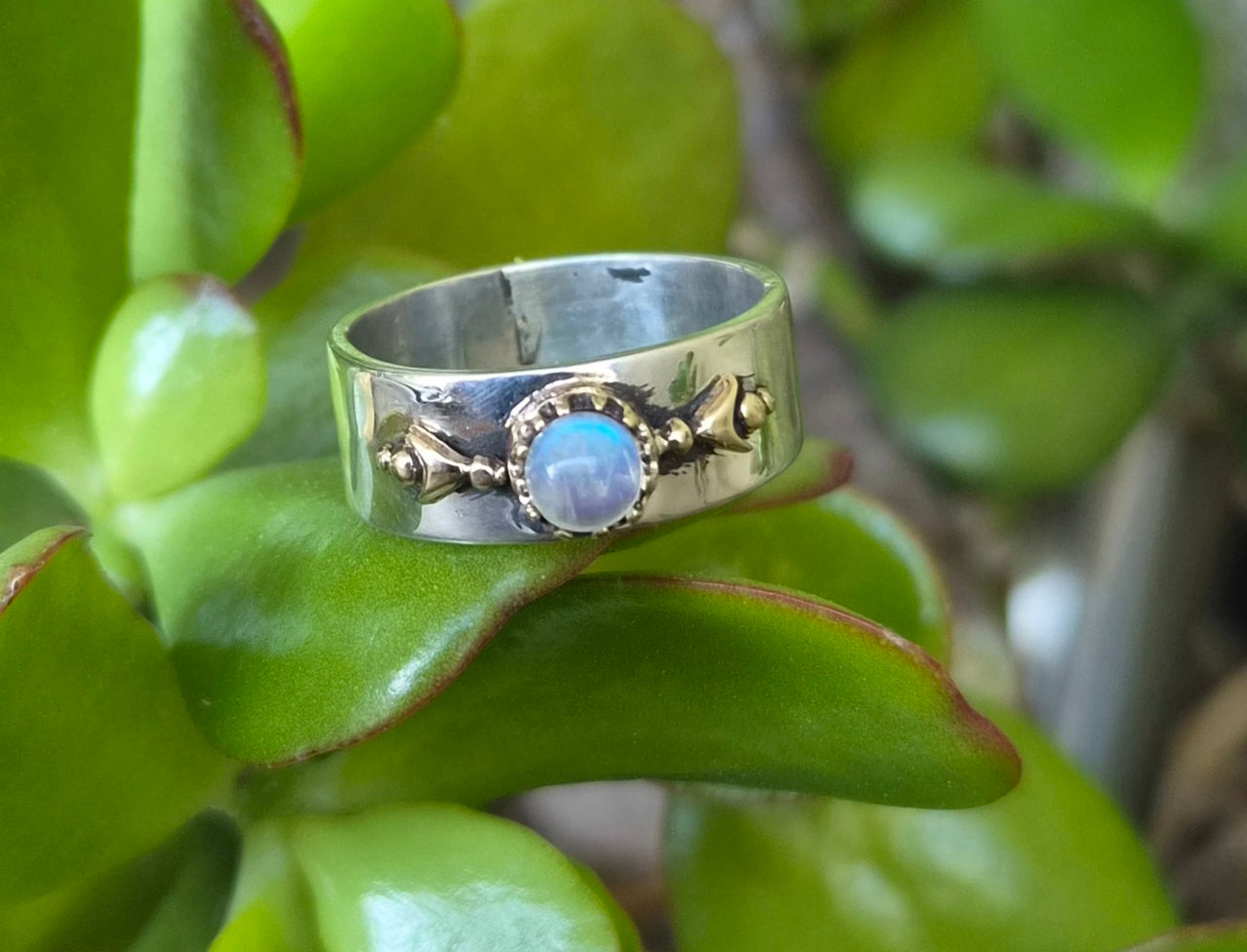 Mixed metal ring,9k gold ball top 925 sterling silver band,gemstone,two tone band
