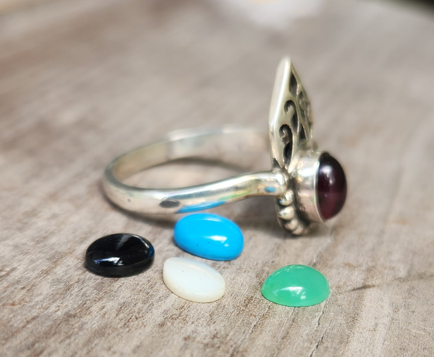Garnet cabachon ring,925 sterling silver handmade,amethyst,turquoise ,mother of pearl