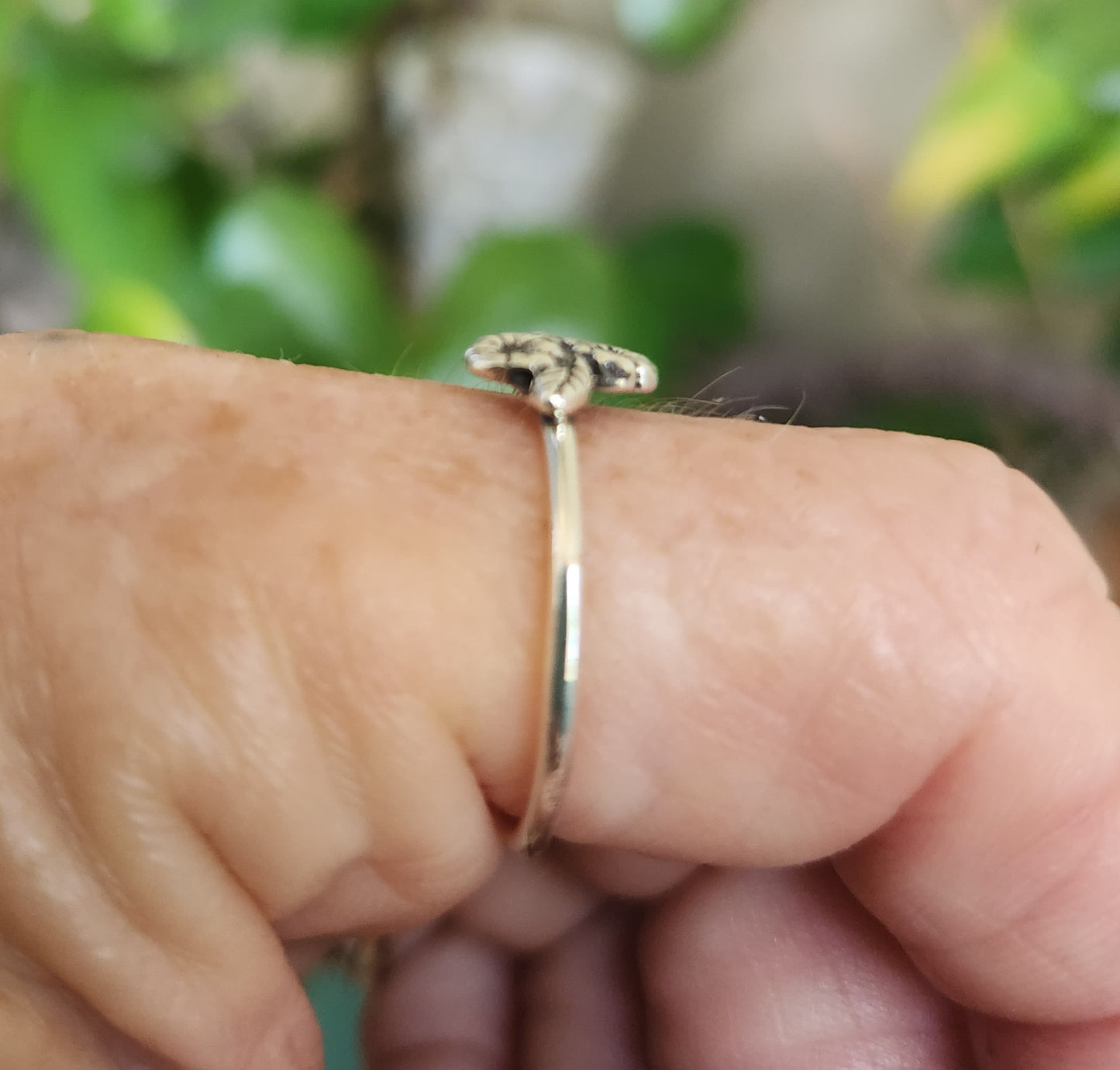 Two tone stacking ring,solid 9k gold flower on sterling silver band,mixed metal flower ring,