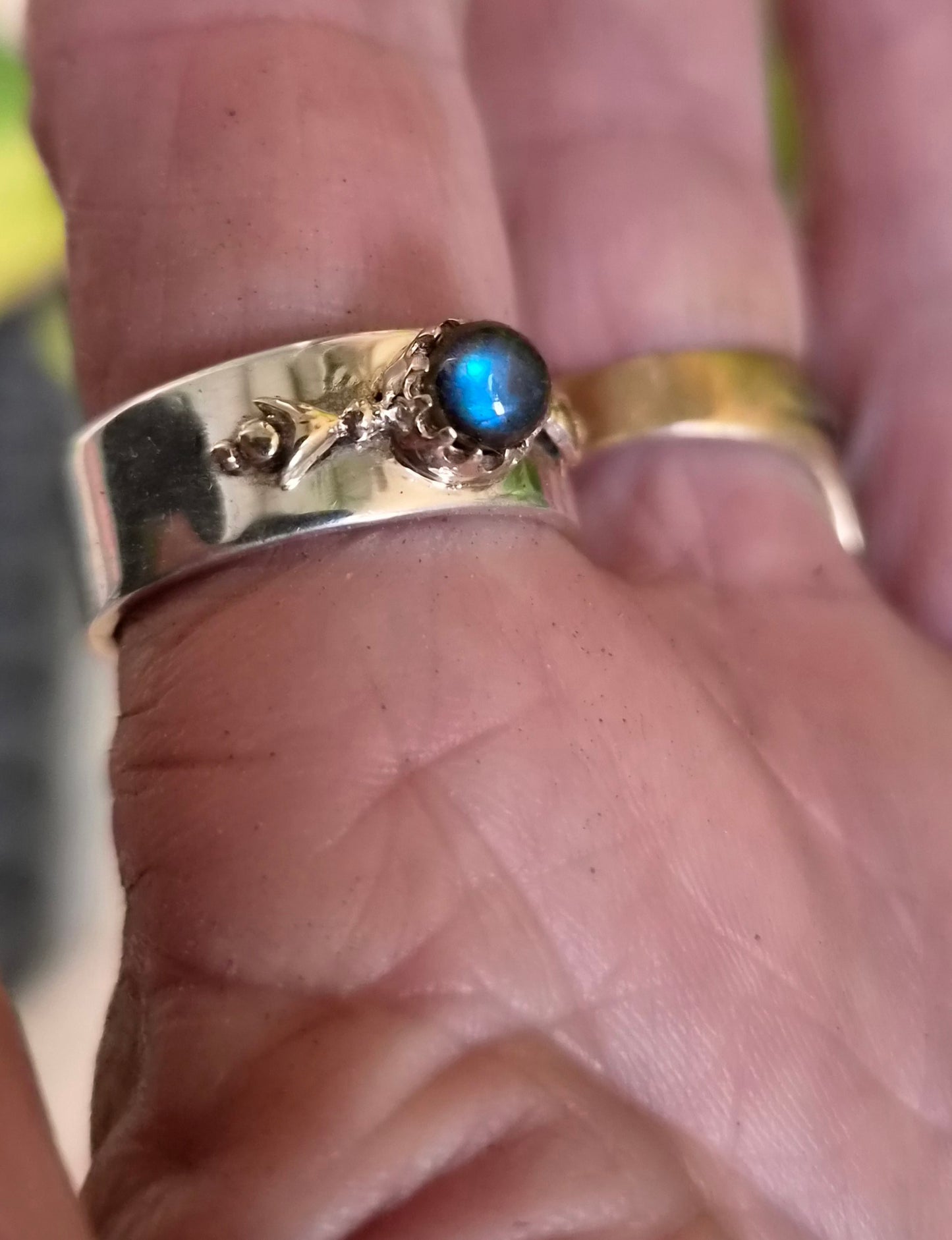 Mixed metal ring,9k gold ball top 925 sterling silver band,gemstone,two tone band