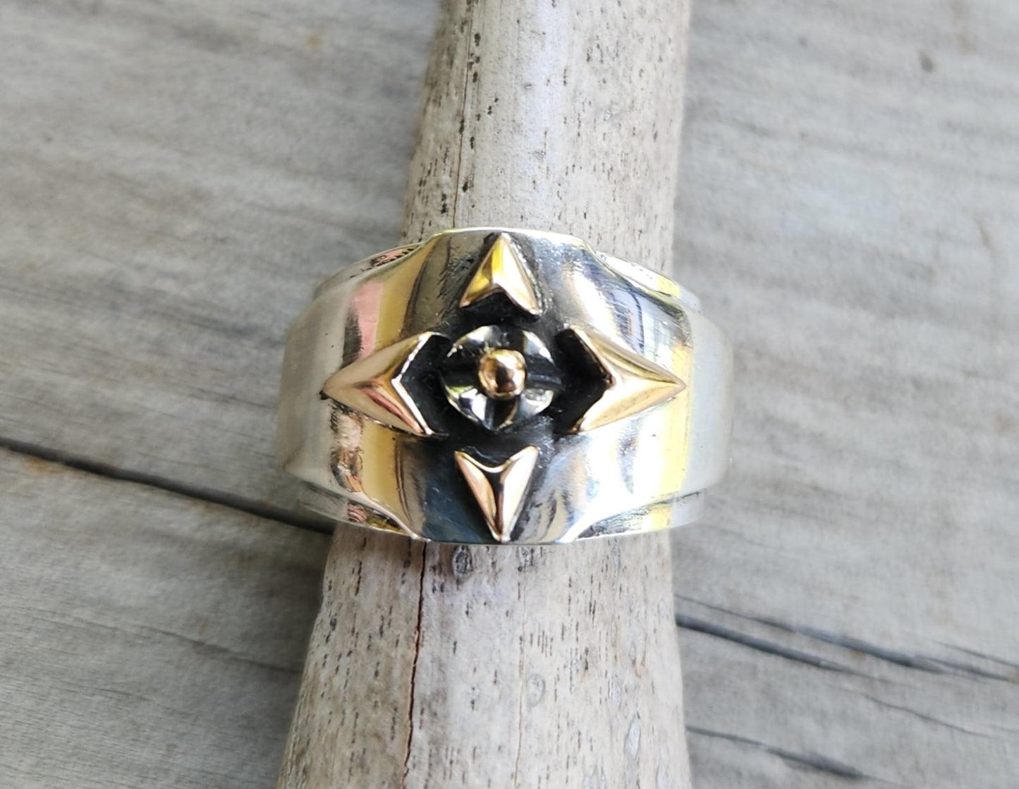 Gold and silver tribal band,9k gold and sterling silver ring,ornate mixed metal solid mans ring modern,mixed metal, two tone dress ring,celtic tribal wedding band